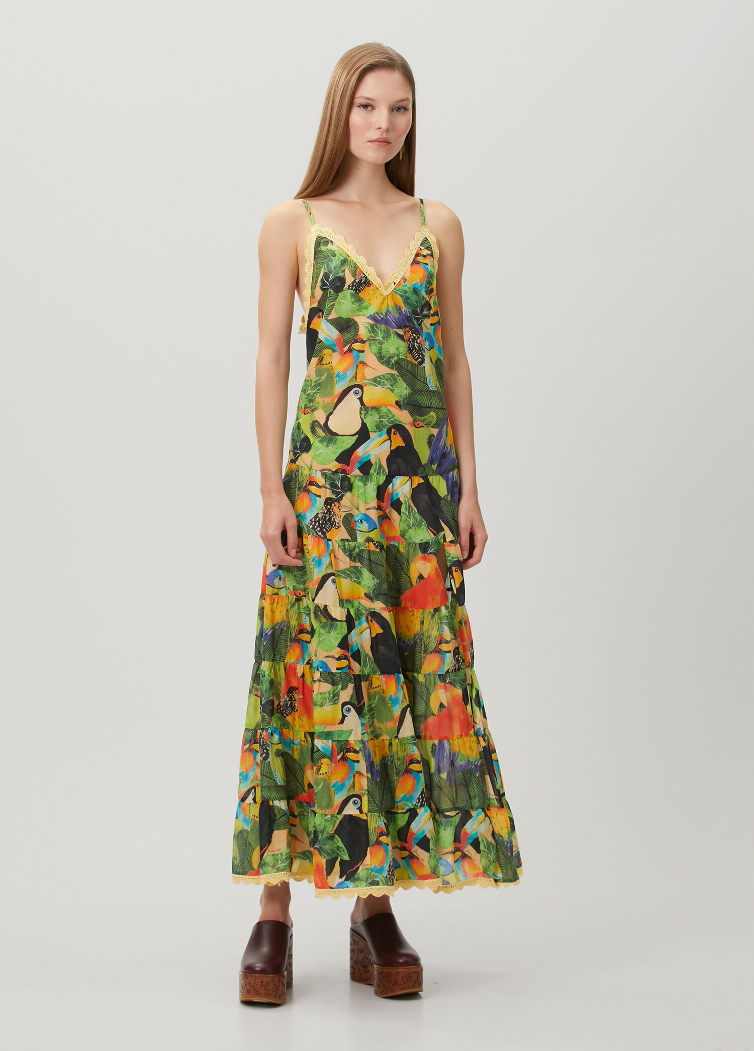 Bird Leaves Green Patterned Ruffled Maxi Dress