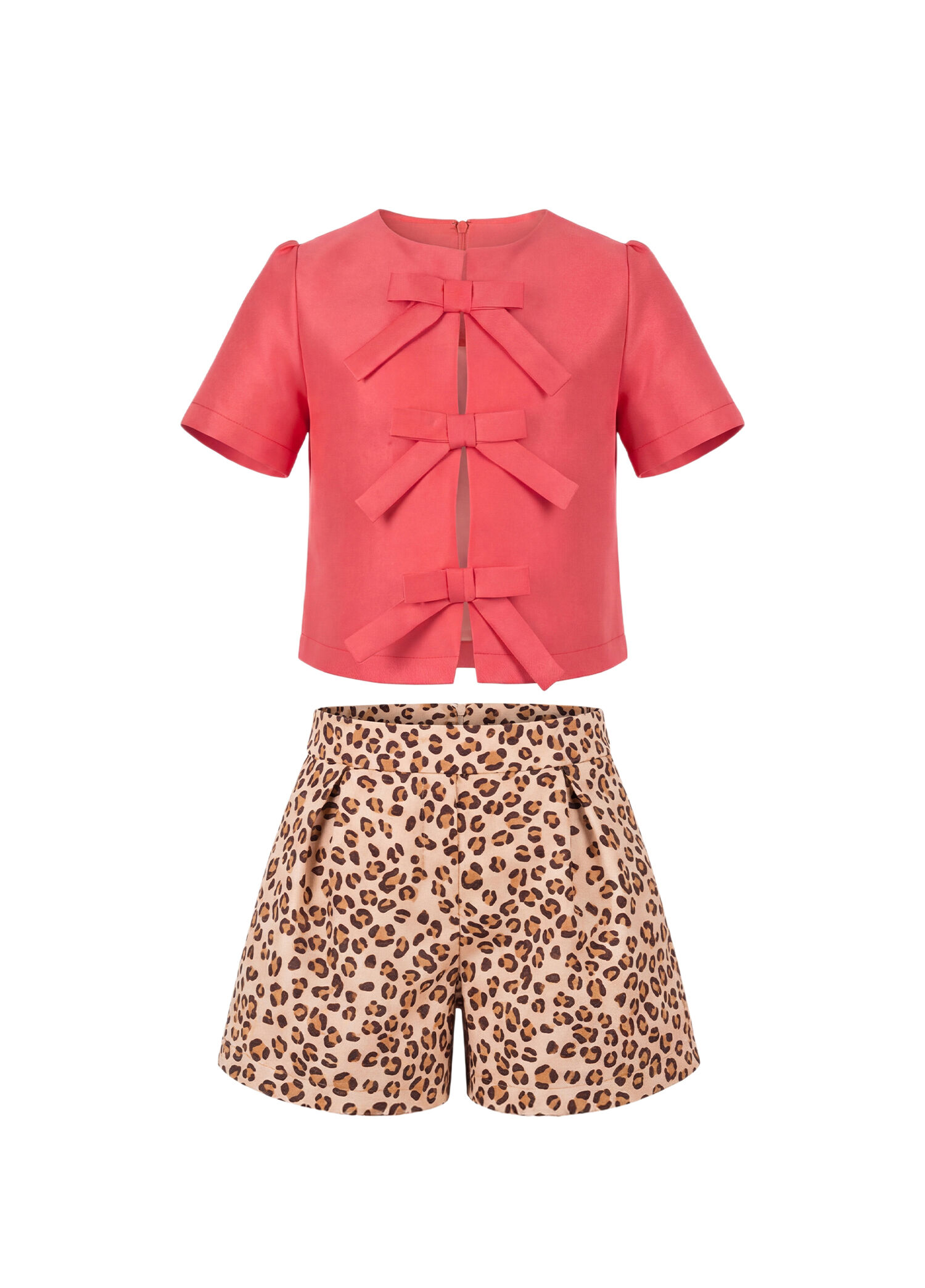 Fiyonklu Bluz ve Leopar Desenli Etek Kız Çocuk 2'li Set