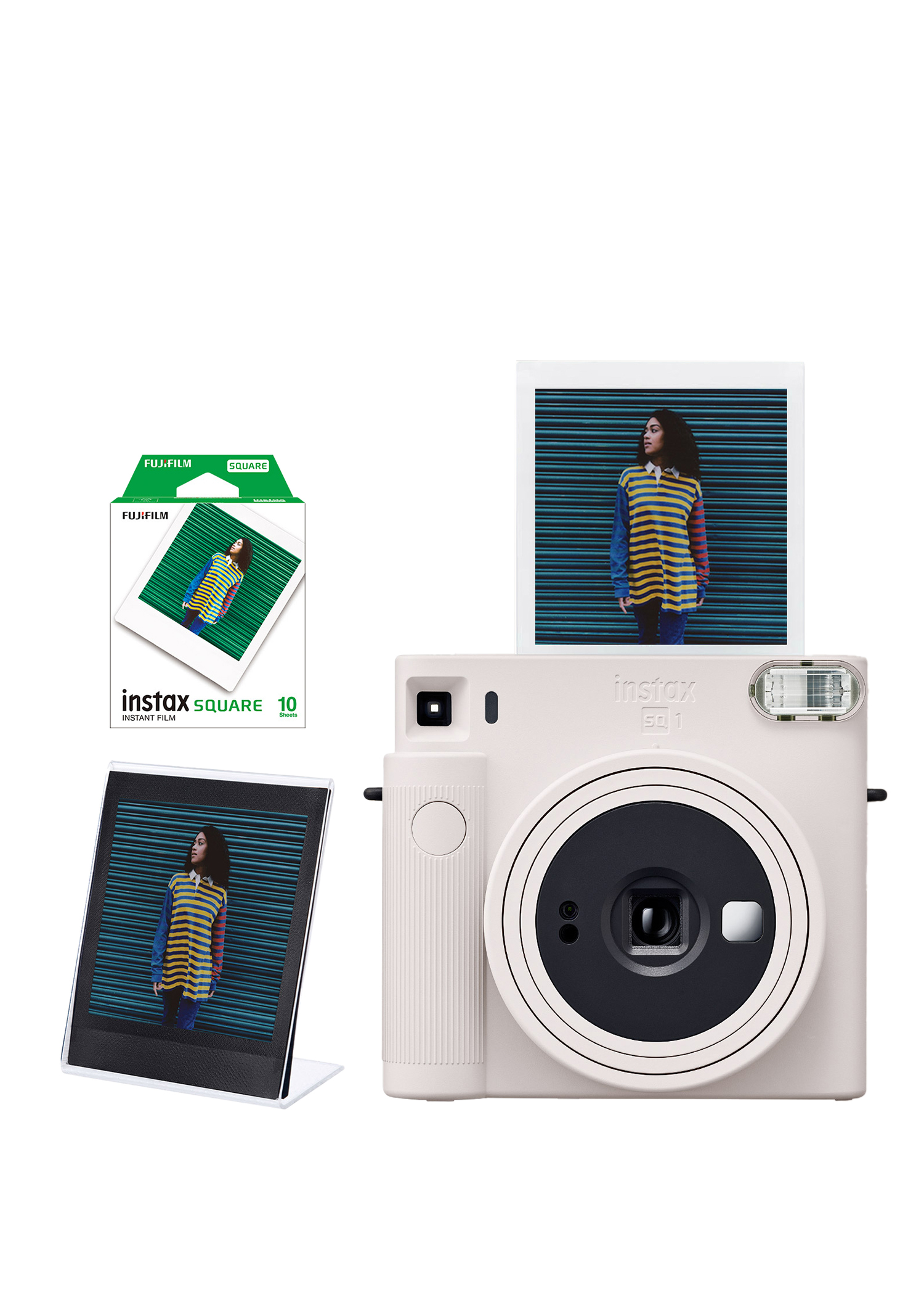 Instax SQ1 Beyaz Fotoğraf Makinesi + 10'lu Kare Film ve Pleksi Çerçeve Seti