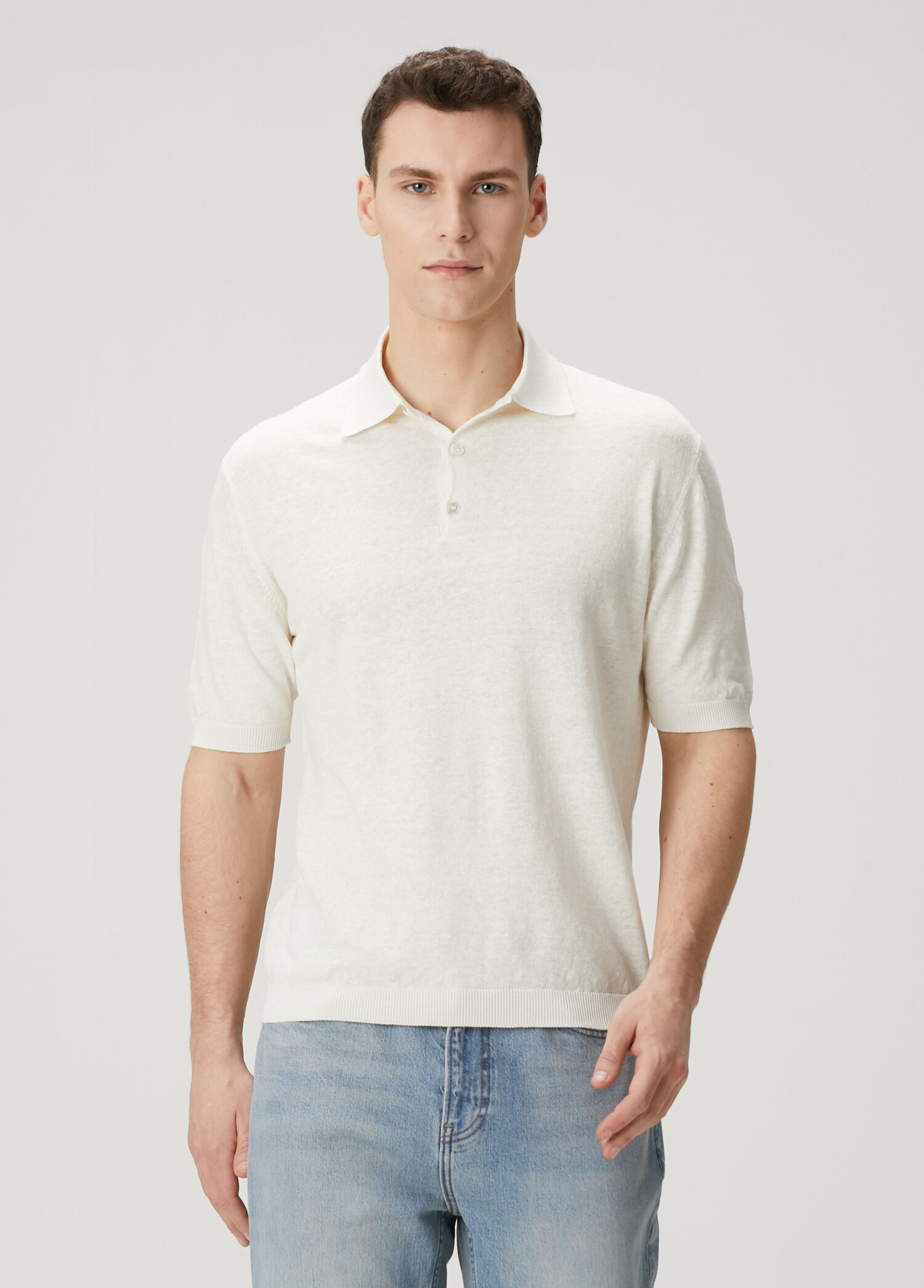 White Short Sleeve Linen Polo Sweater