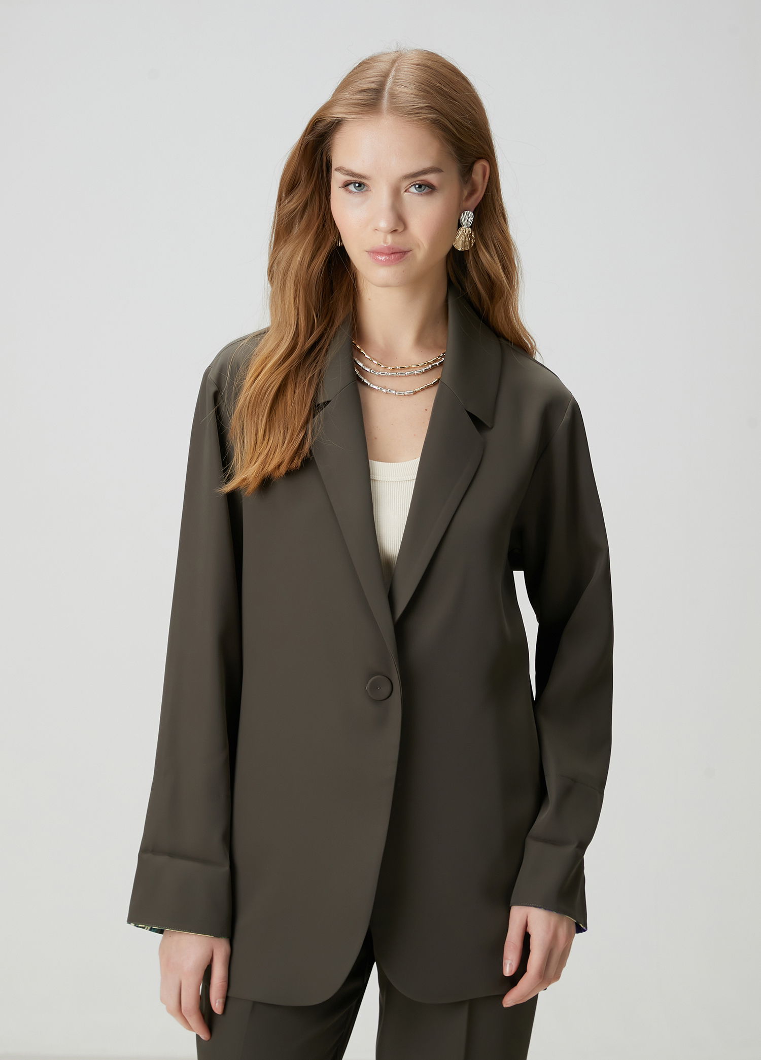 Haki Kol Ucu Palmiye Desenli Blazer_3