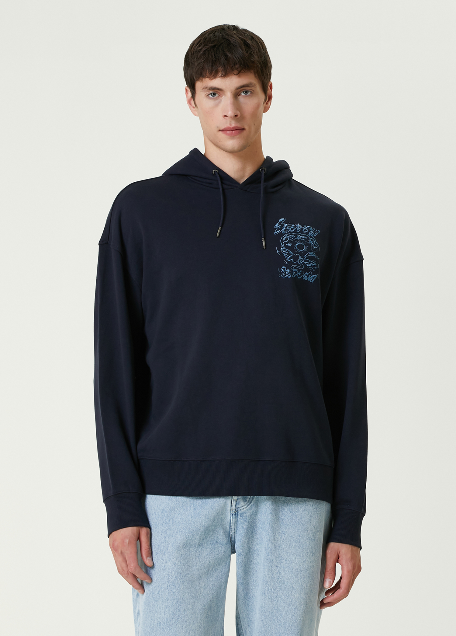 Lacivert Kapüşonlu Logo Nakışlı Sweatshirt