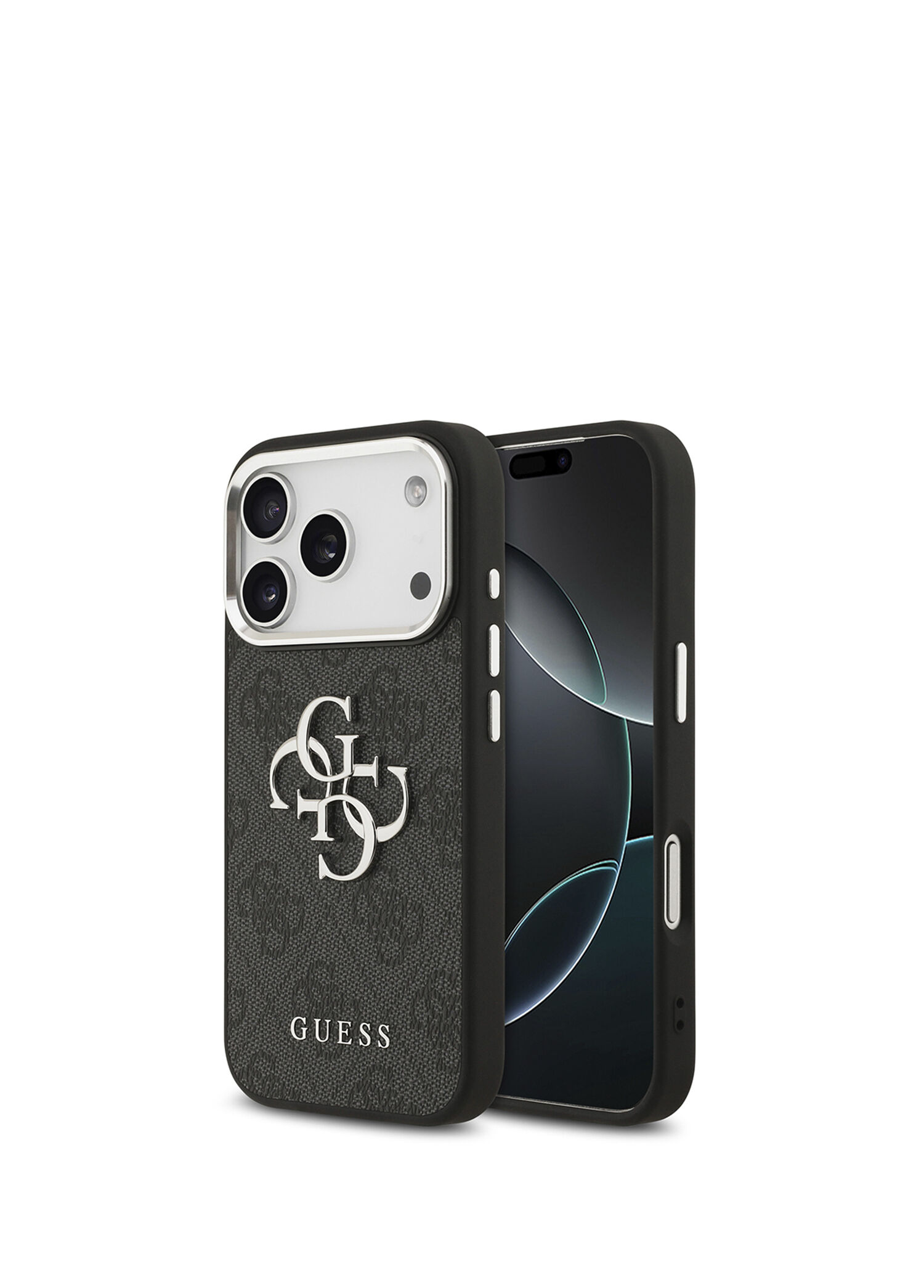 iPhone 17 Pro Gümüş Metal Kamera Çerçeveli 4G Desenli Metal Büyük Logolu Siyah Telefon Kılıfı