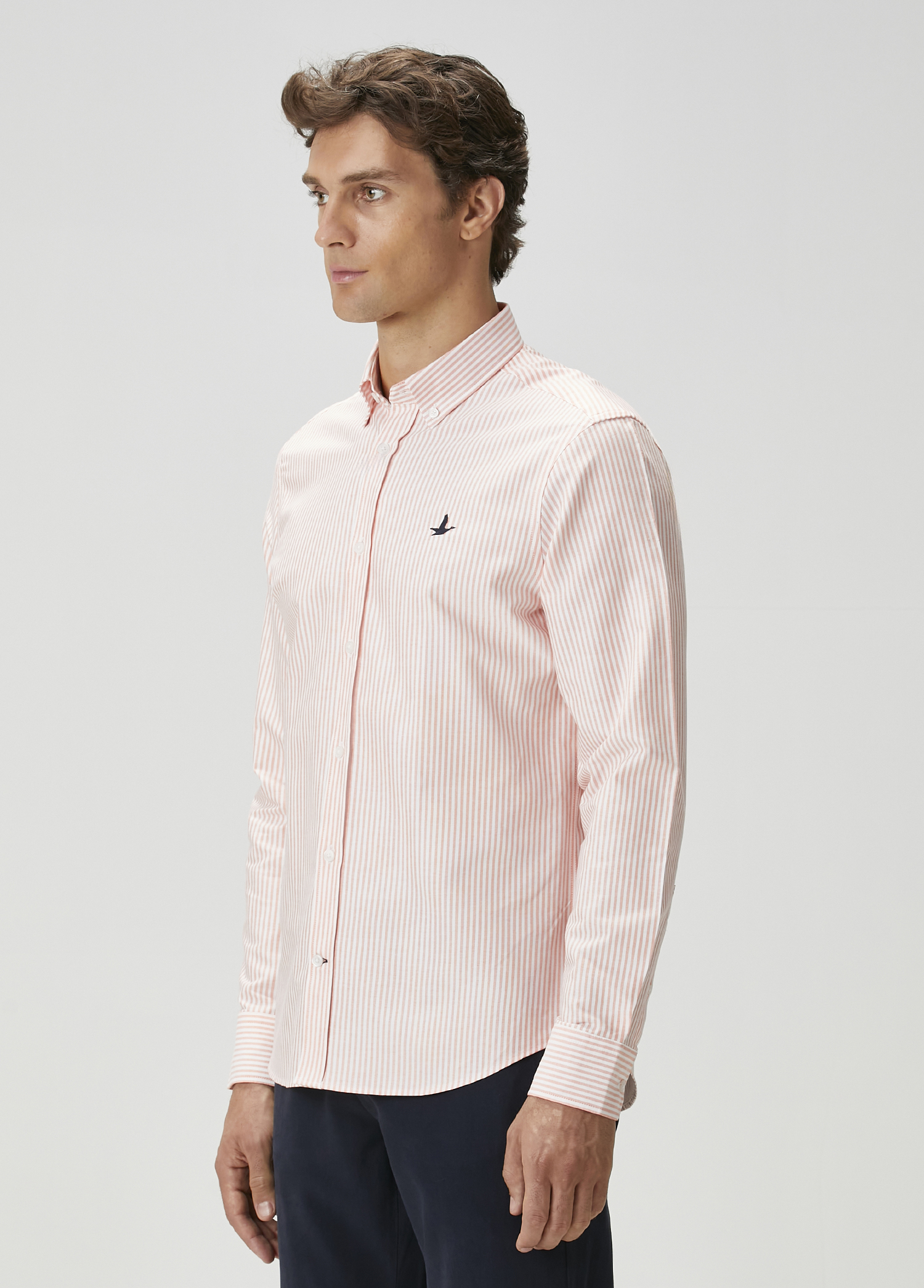 Comfort Fit Turuncu Çizgi Desenli Oxford Gömlek_3