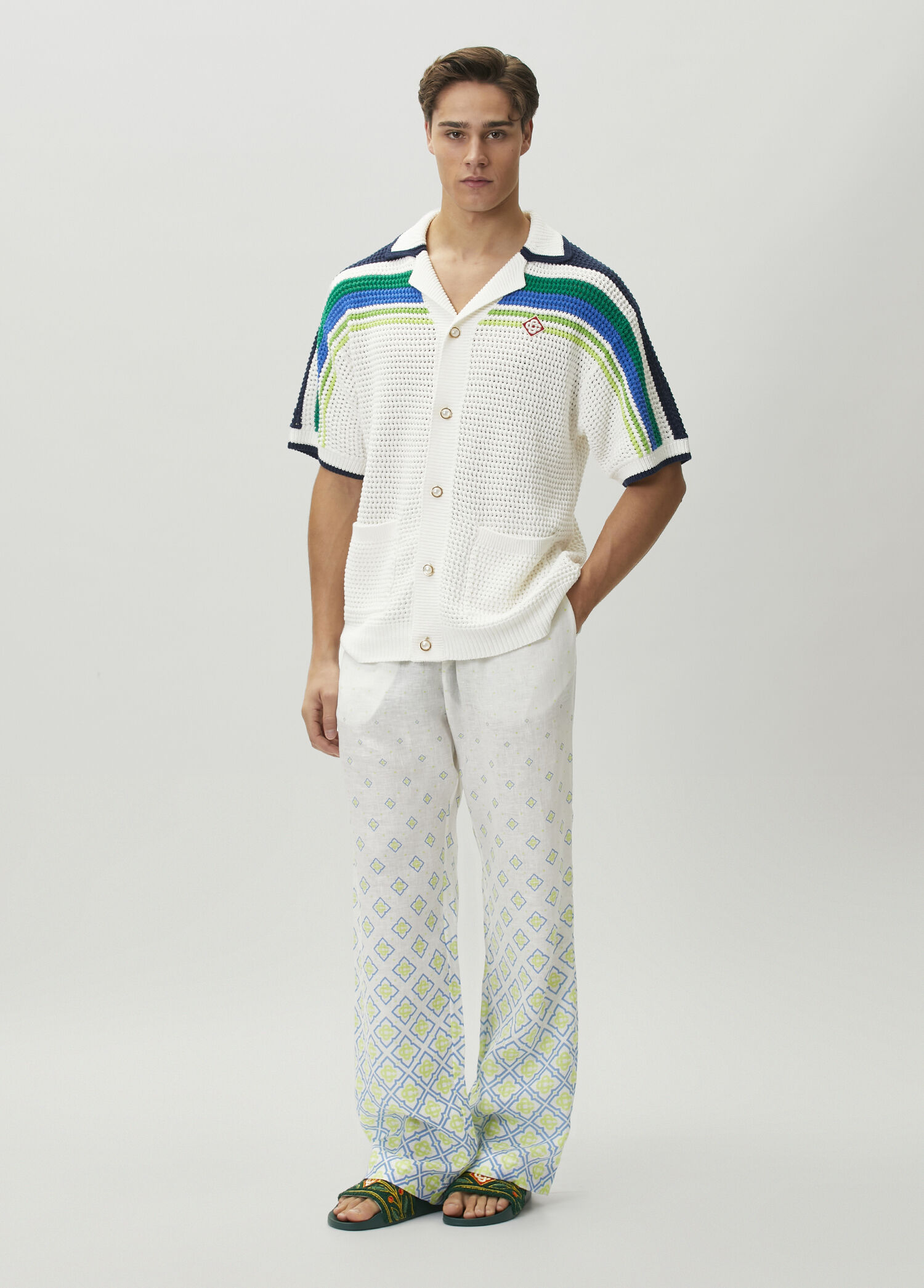 Cream Print Linen Trousers