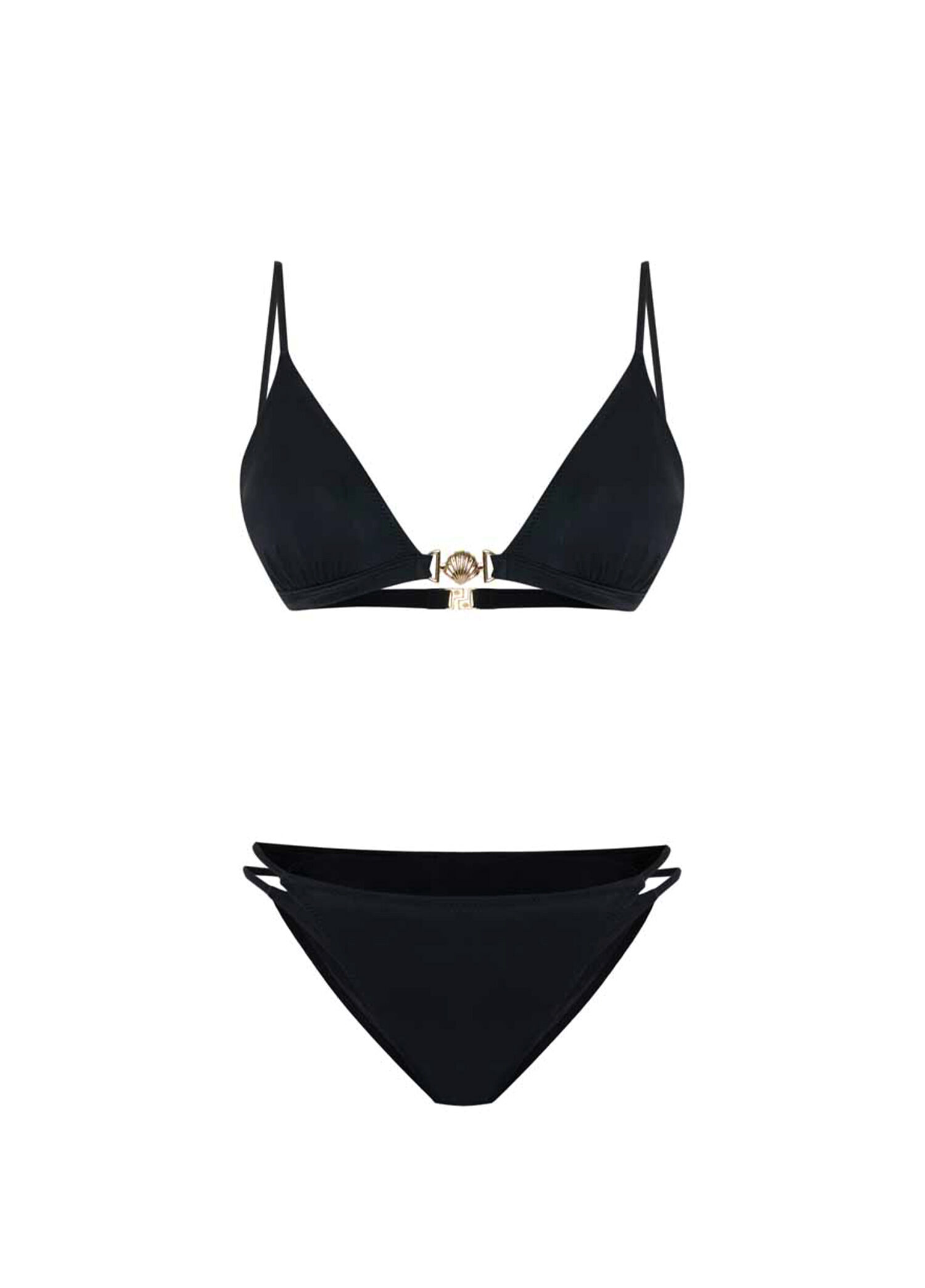Shellune Black Altın Deniz Kabuğu Aksesuarlı V Yaka Üçgen Kadın Bikini Takımı