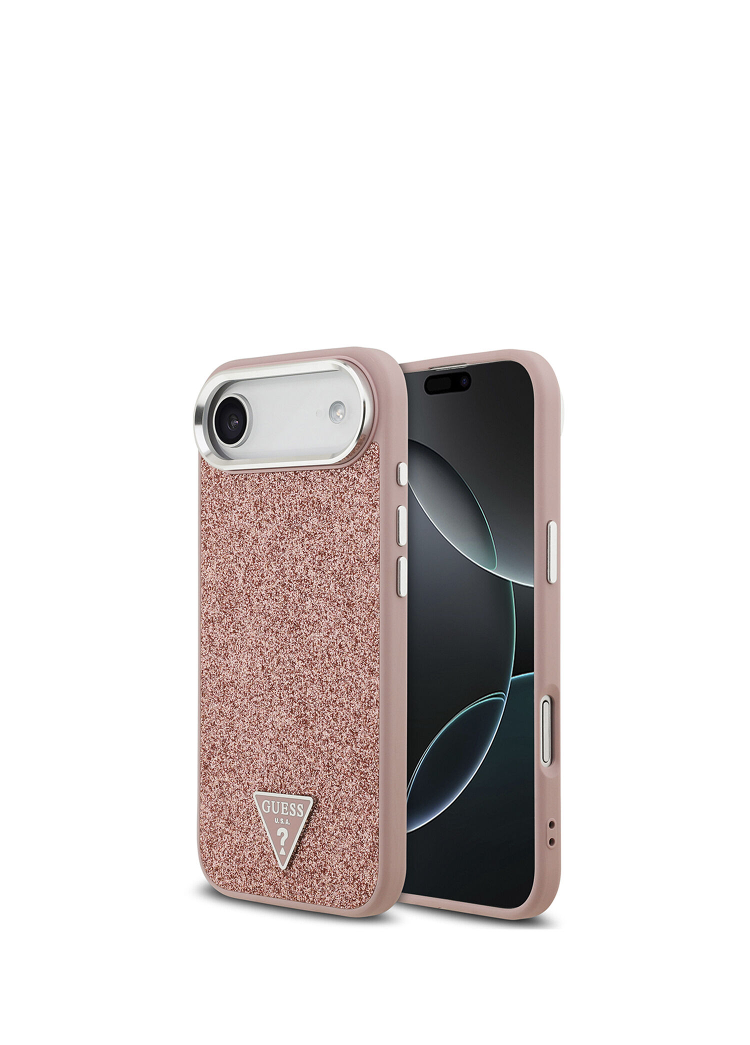 iPhone 17 Air Metal Kamera Çerçeveli Üçgen Logolu Glitter Pembe Magsafe Uyumlu Telefon Kılıfı