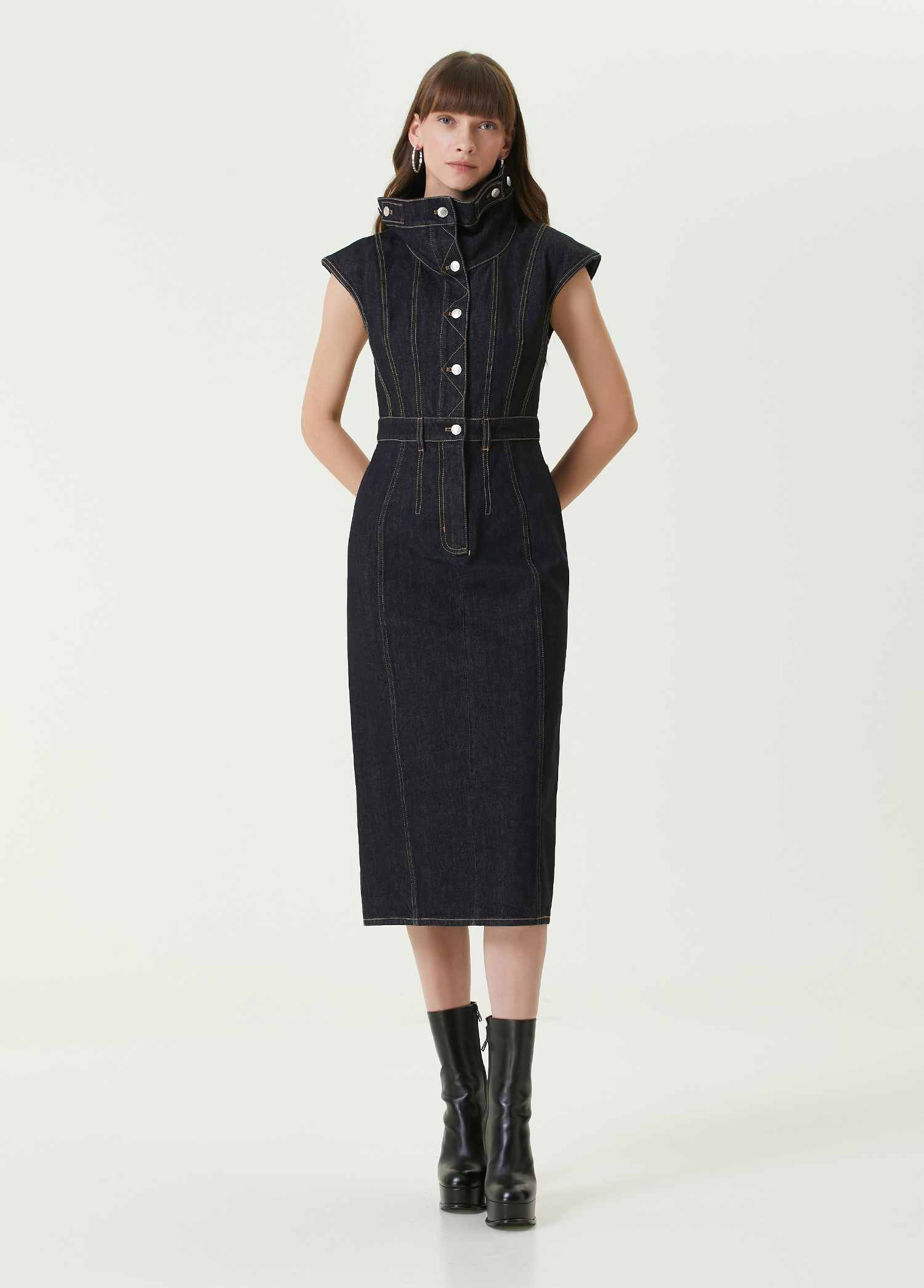 sheller back zip denim midi dress