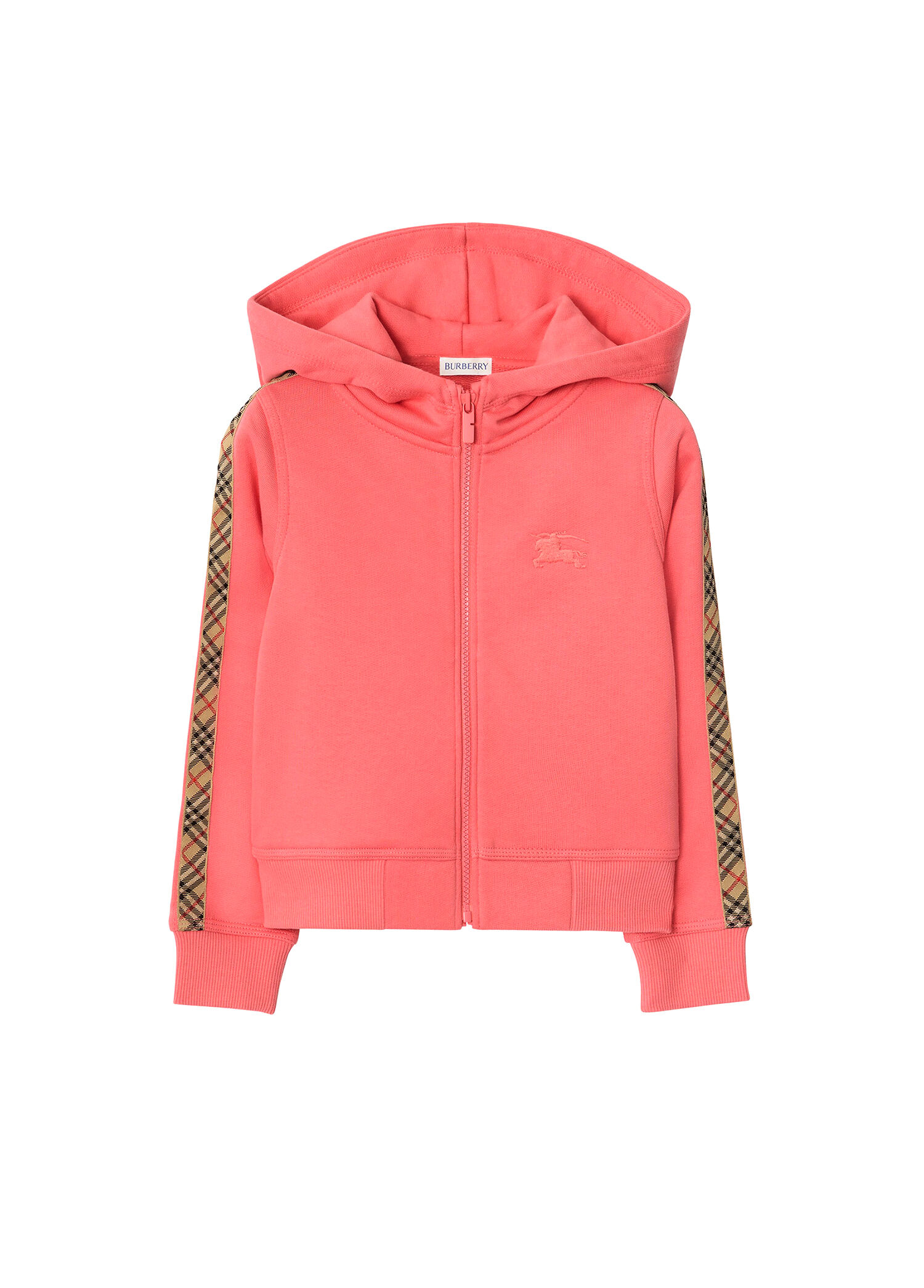 Check Trim Pembe Pamuklu Fermuarlı Kapüşonlu Unisex Çocuk Sweatshirt