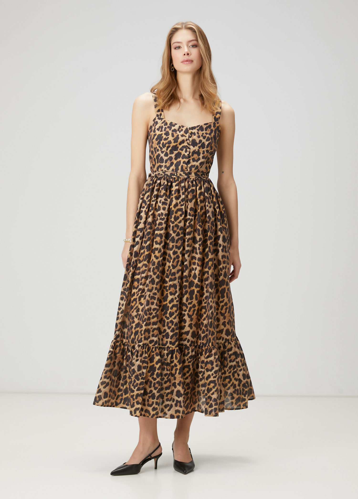 Kahverengi Leopar Desenli Midi Elbise_2