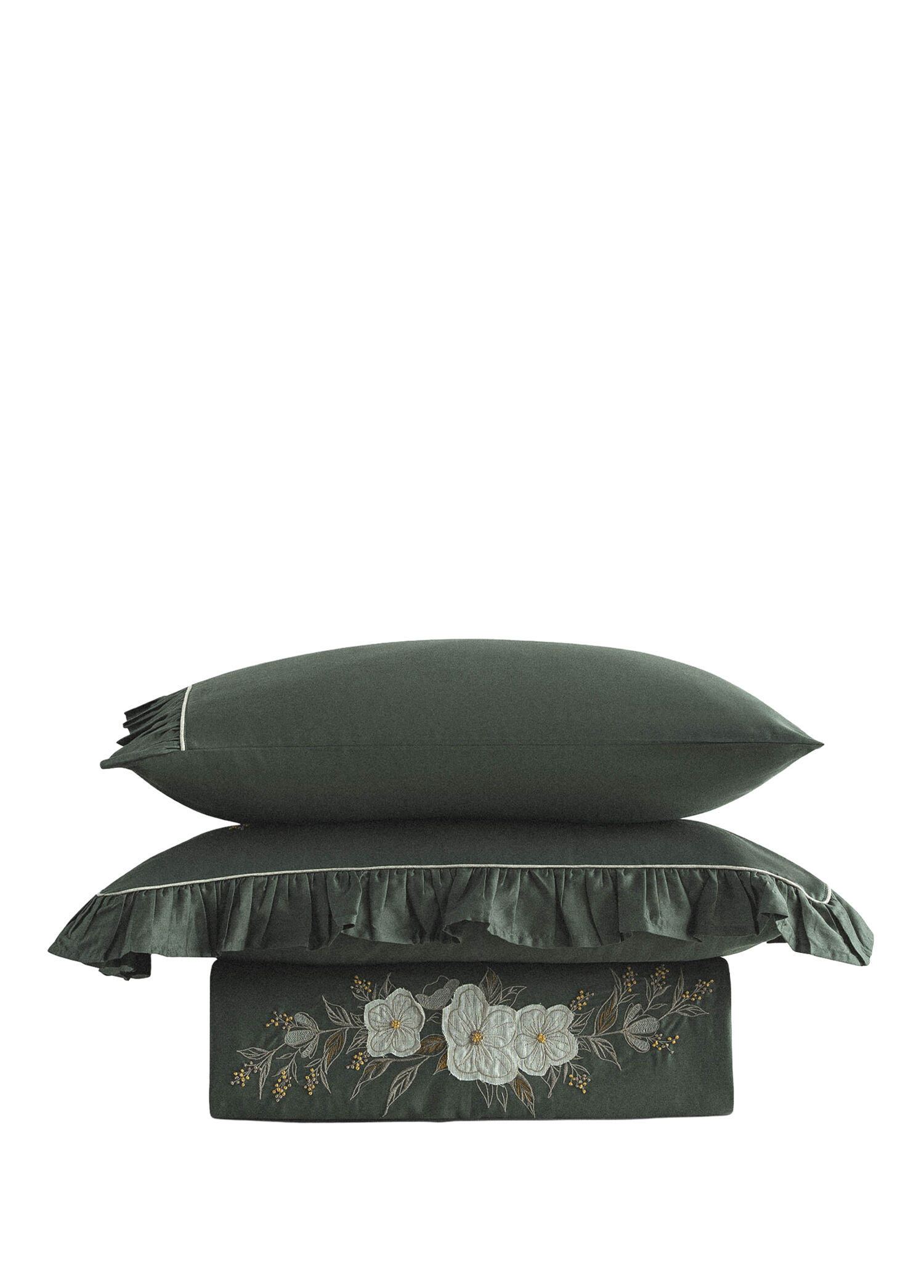 Vanya Aplike Nakışlı Yeşil Organik Pamuk Saten Battal Boy Nevresim Takımı 240 x 220 cm