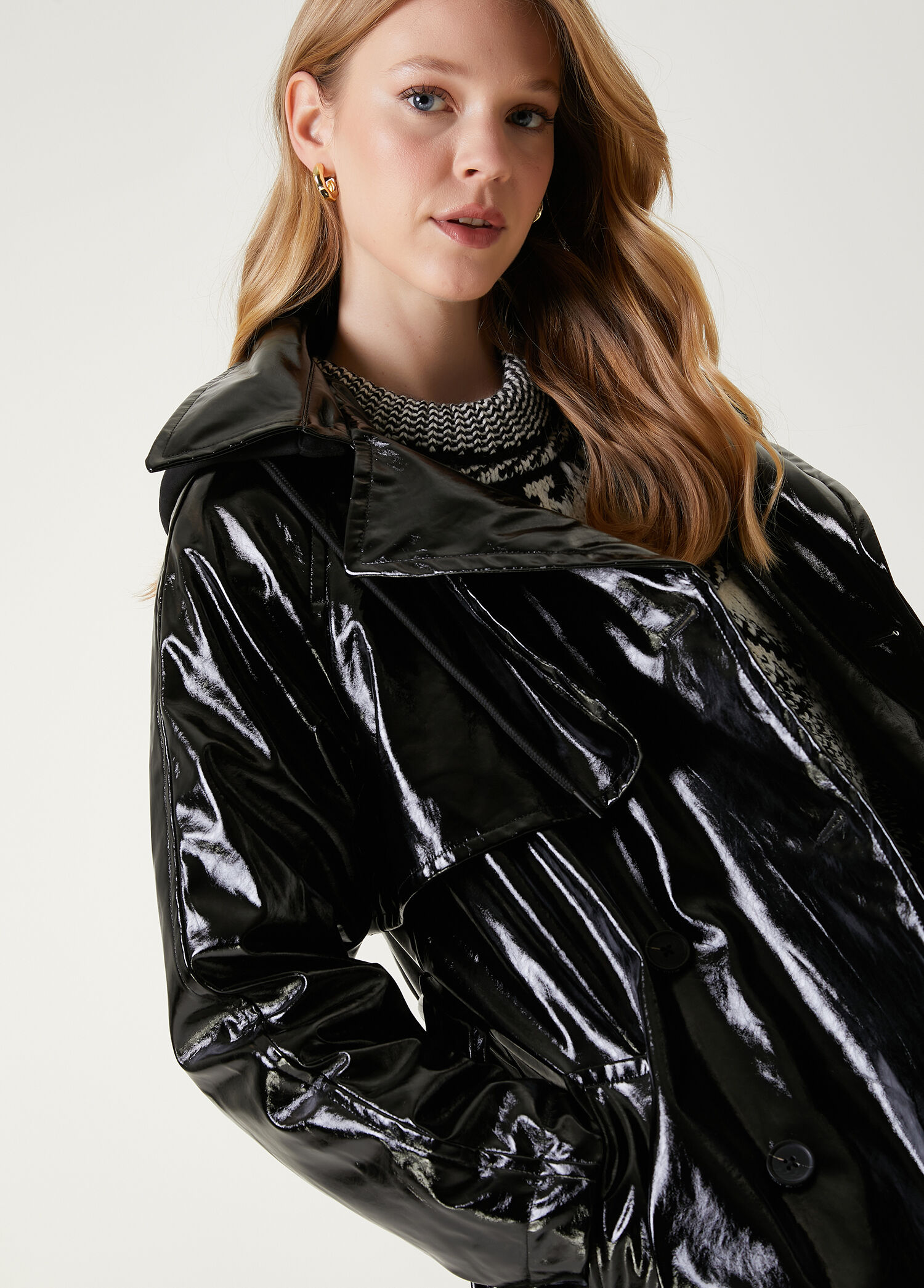 Beymen Club - Black Jersey Hooded Patent Leather Trench Coat