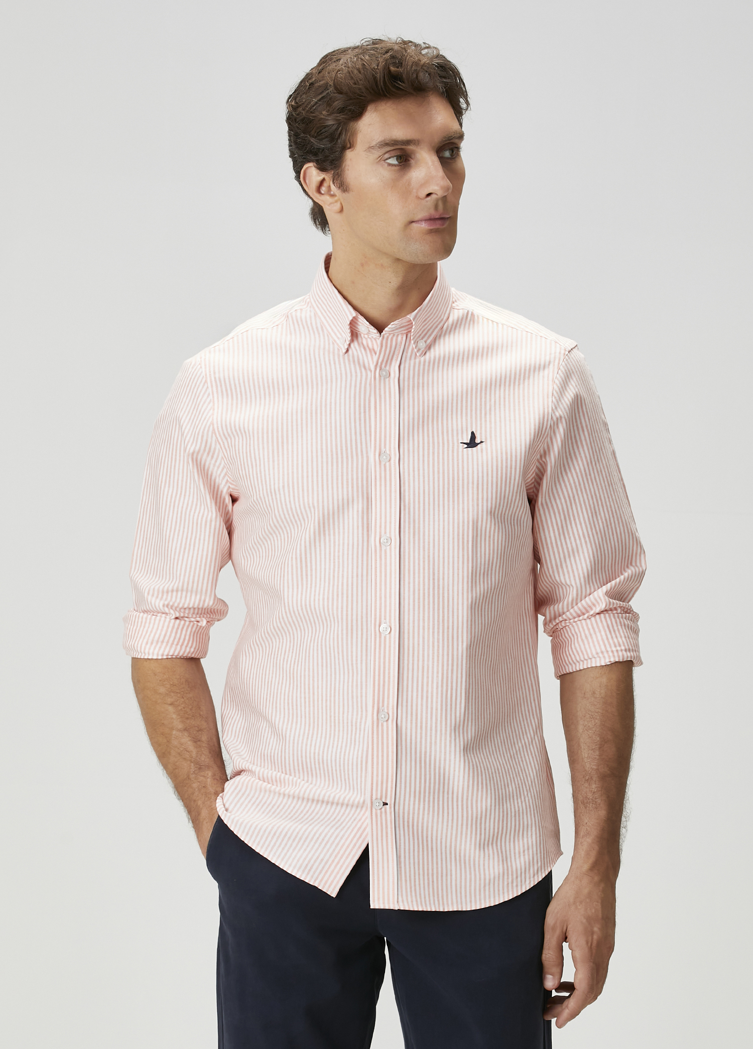 Comfort Fit Turuncu Çizgi Desenli Oxford Gömlek_1