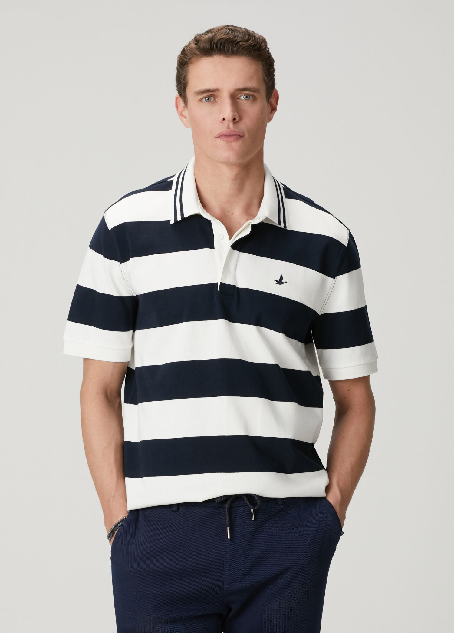 Lacivert Çizgili Oversize Polo T-shirt