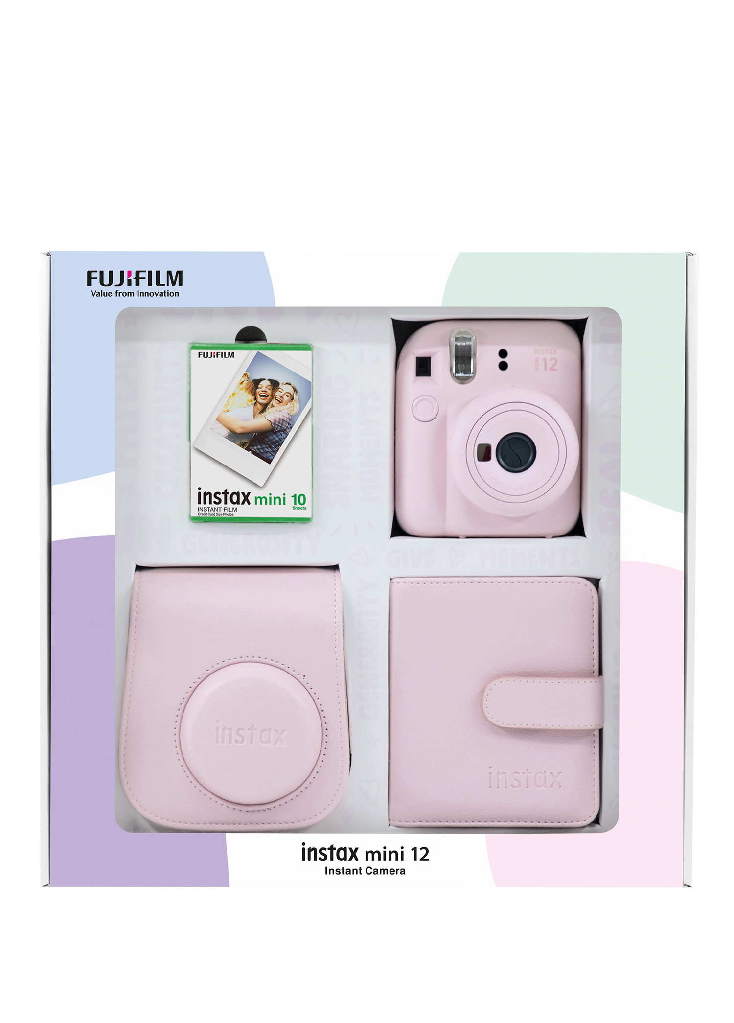 Instax Mini 12 Pembe Fotoğraf Makinesi Bundle Box + 10’lu Film Kare Albüm ve Deri Kılıflı