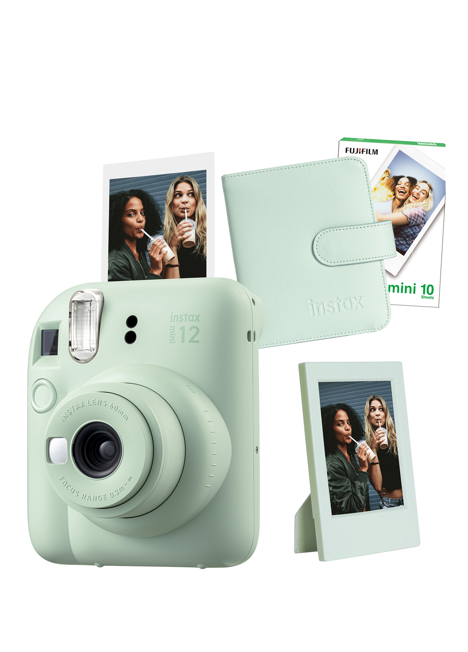 Instax Mini 12 Yeşil Fotoğraf Makinesi + 10'lu Film Çerçeve ve Kare Albüm Seti