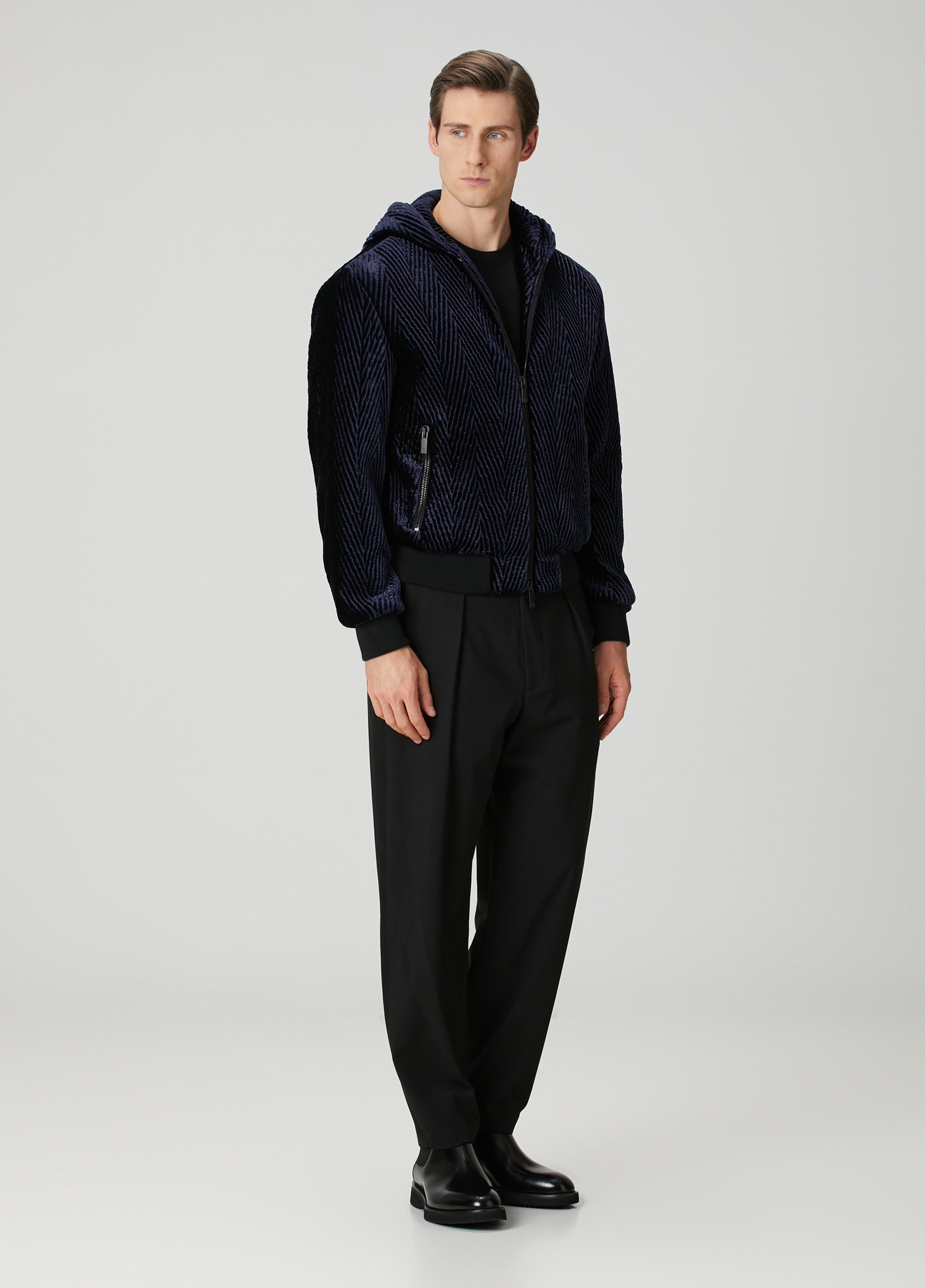 Giorgio Armani Lacivert Erkek Lacivert Kapüşonlu Kadife Mont