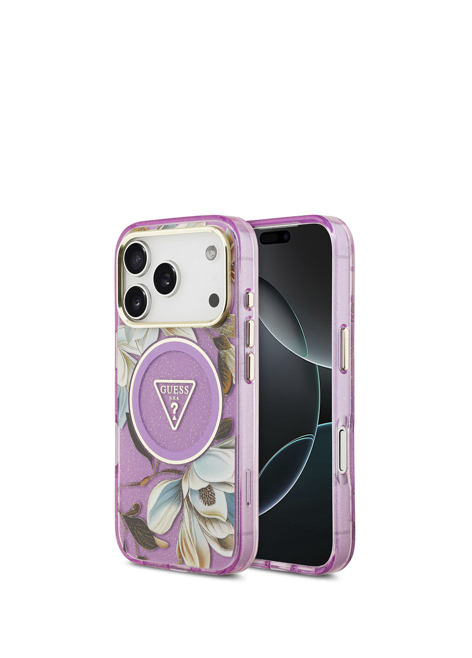 iPhone 17 Pro Simli Çiçek Desenli Metal Kamera Çerçeveli Magsafe Uyumlu Telefon Kılıfı
