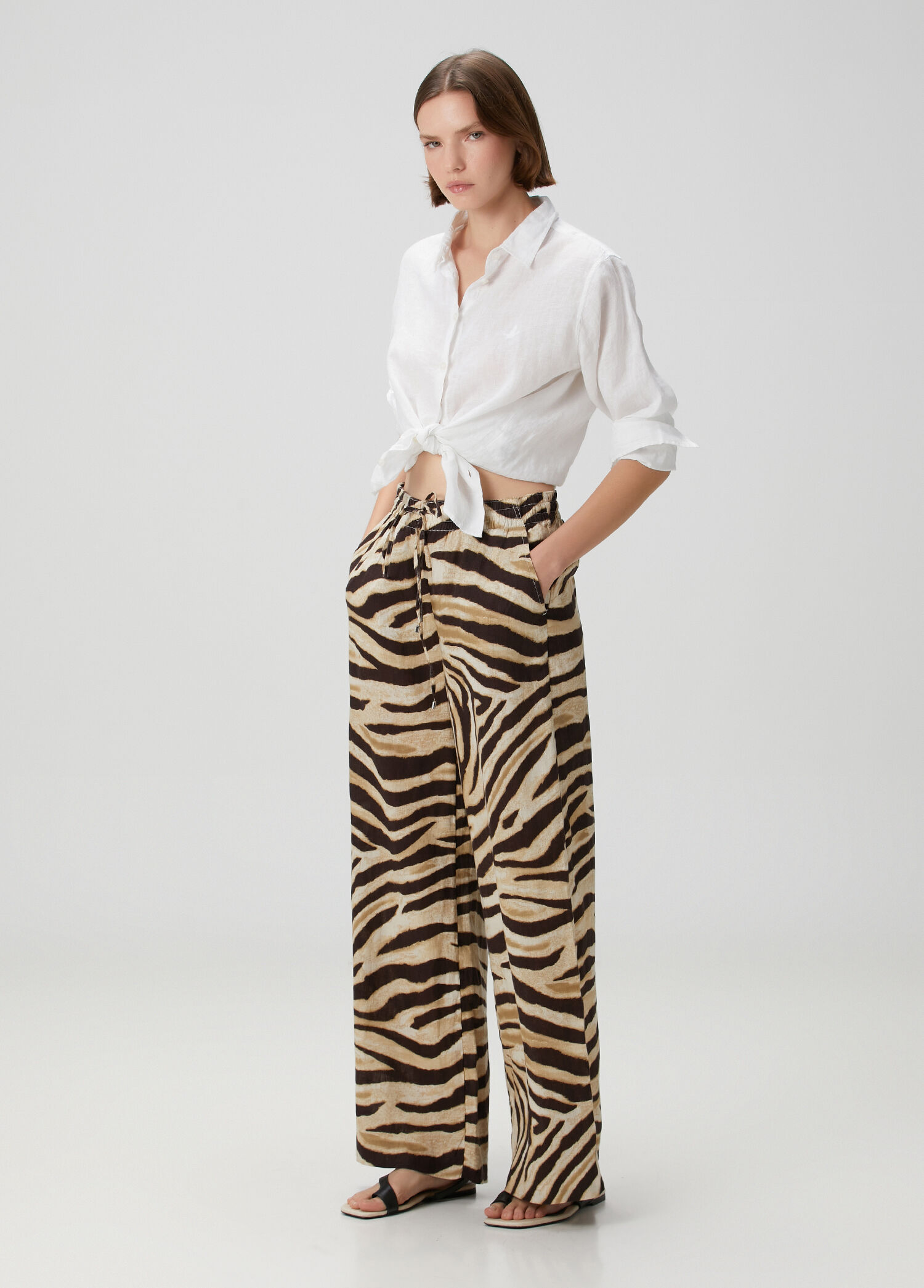 Kahverengi Zebra Desenli Keten Pantolon
