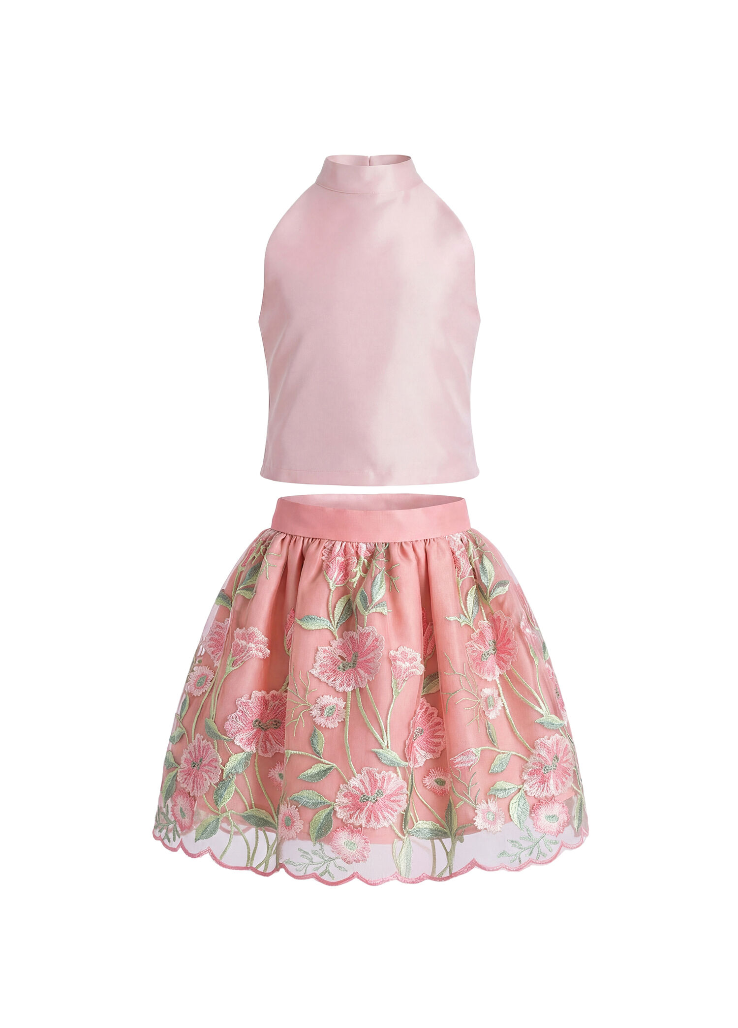 Çiçek Nakışlı Etek ve Pudra Pembe Bluz Kız Çocuk 2'li Set