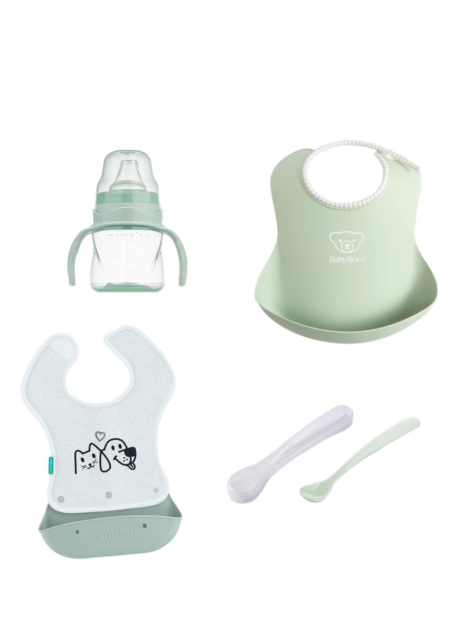 BabyBjörn & Mamajoo Powder Green Alıştırma Bardağı + Mama Önlüğü + Mama Kaşığı 4'lü Bebek Beslenme Seti