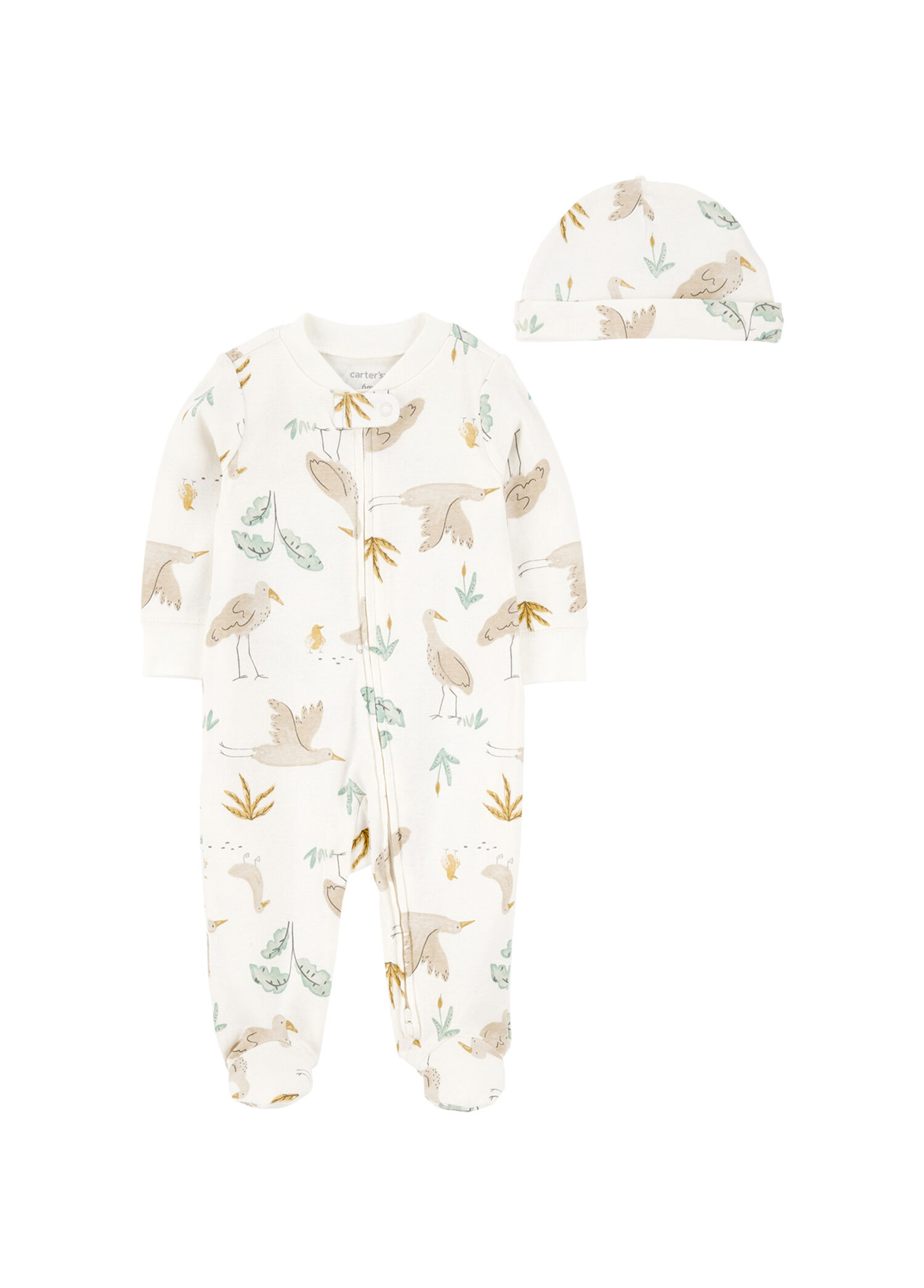 Ekru Pamuklu Patikli Tulum Şapka Unisex Bebek 2'li Set