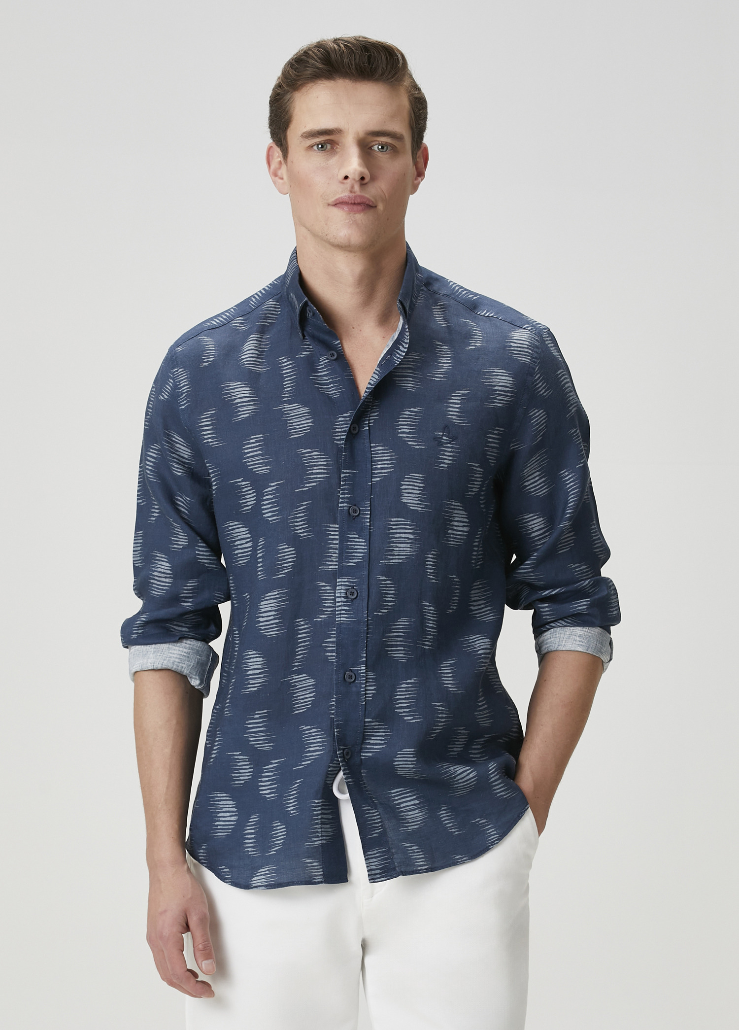 Comfort Fit Lacivert Yarım Ay Desenli Keten Gömlek_1