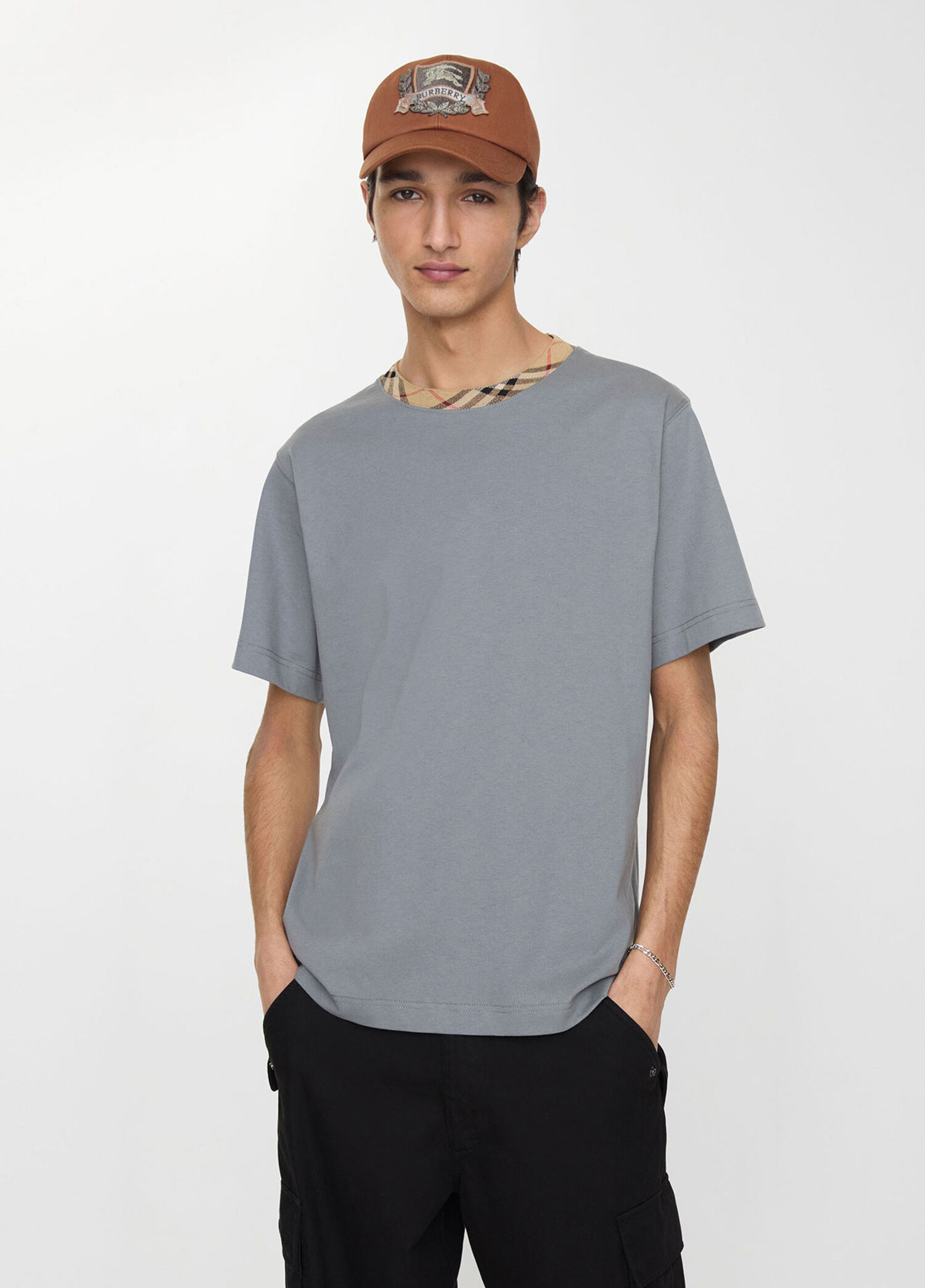Burberry Gri Erkek Check Trim Pamuklu Gri Kısa Kollu Erkek T-Shirt