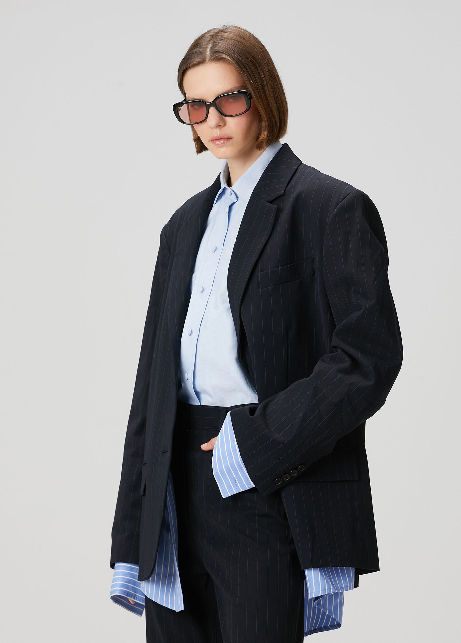 Relaxed Fit Layered Lacivert Çizgili Ceket