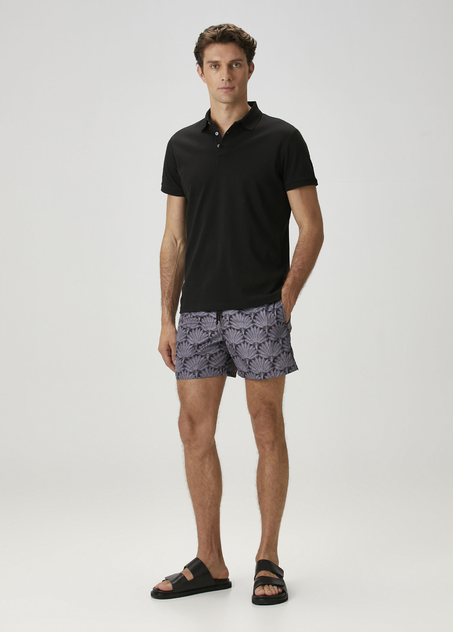 Black Leaf Print Swimsuit Shorts