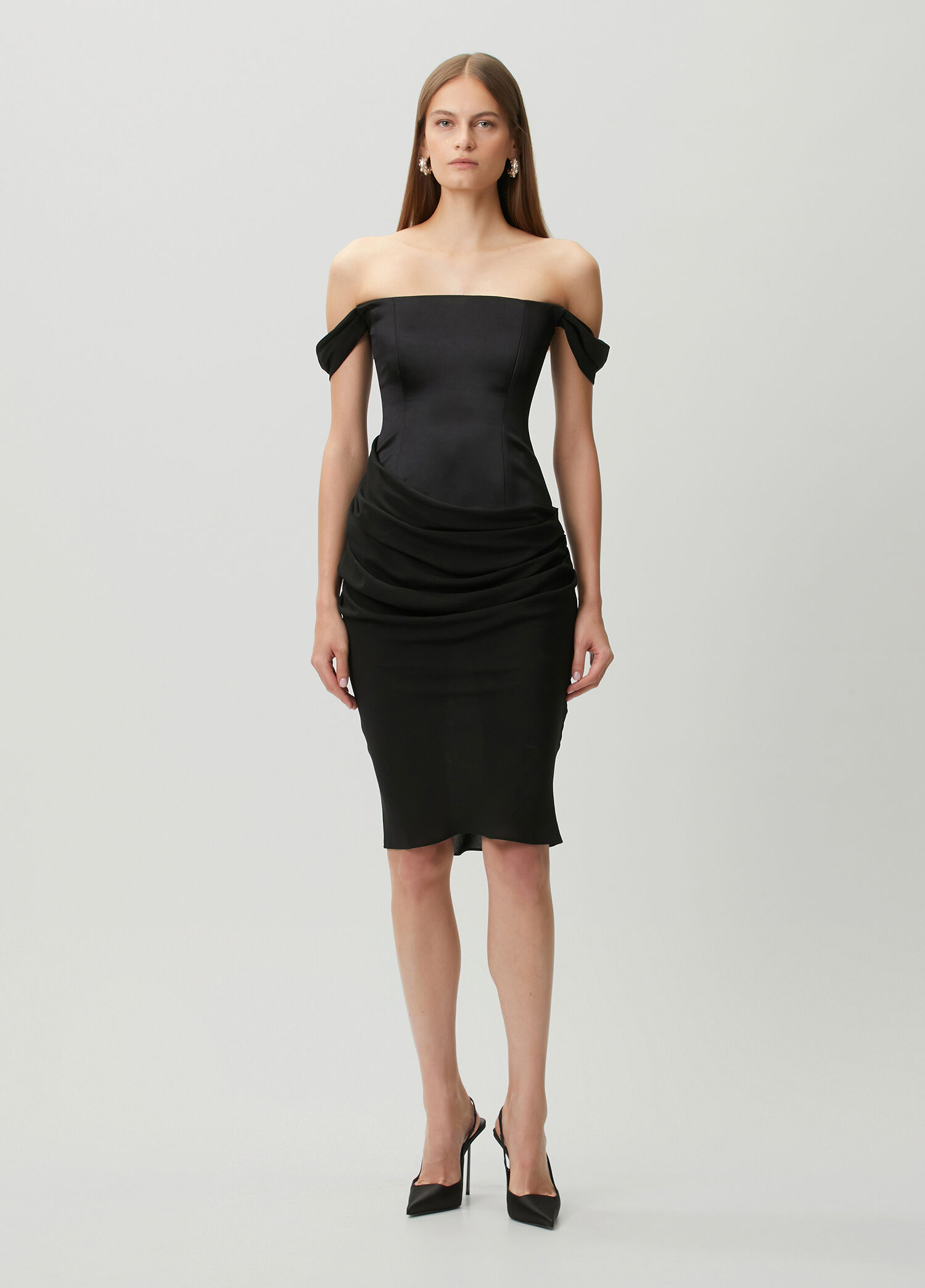 Black Off-Shoulder Midi Silk Cocktail Dress