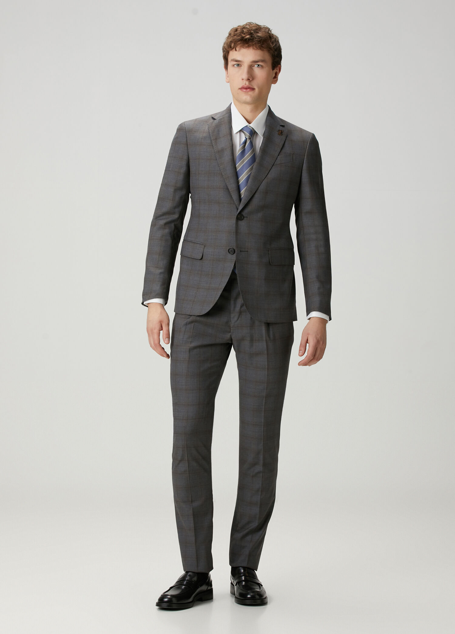 Tailored Gri Ekose Desenli Yün Takım Elbise