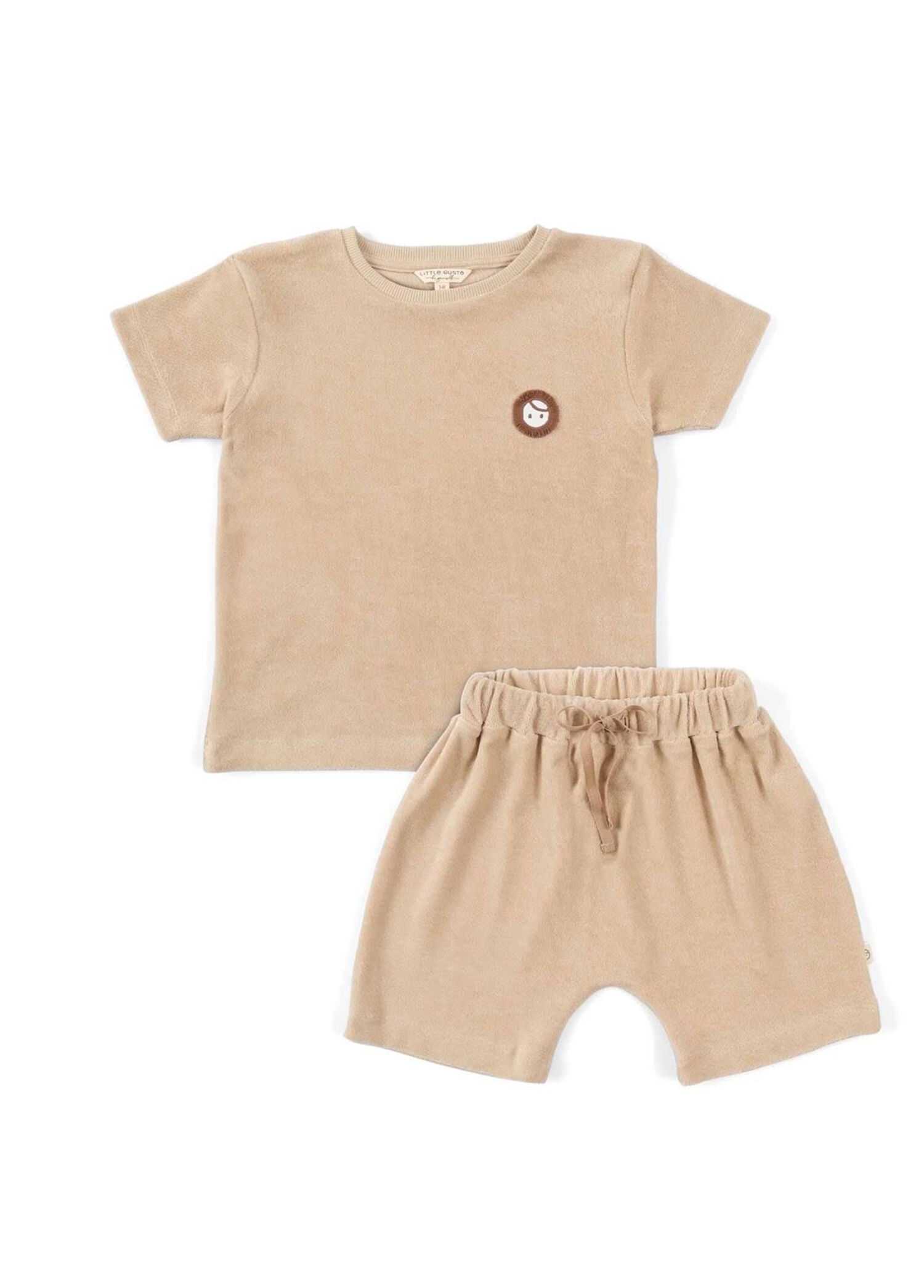Bej Havlu Kumaş Kısa Kollu T-shirt Şort Unisex Bebek 2'li Set