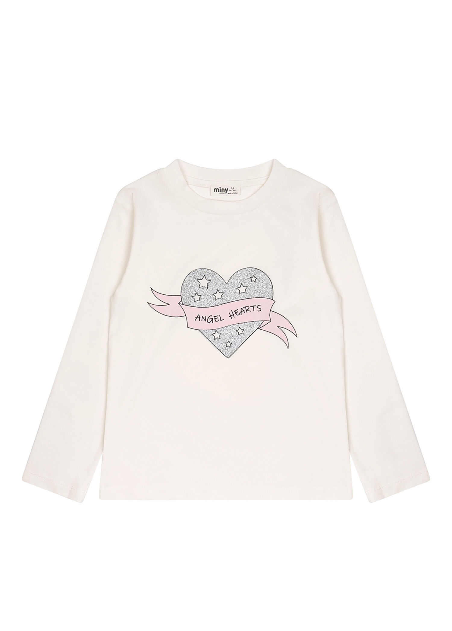 Ekru Simli Kalp Baskılı Uzun Kollu Kız Çocuk T-shirt