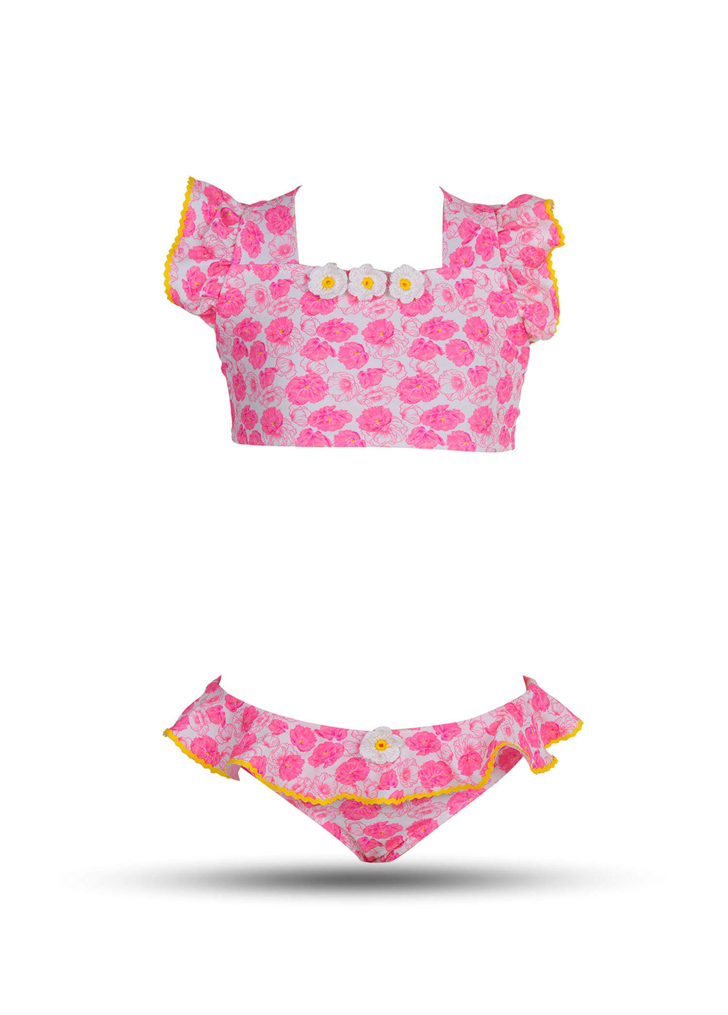 Pembe Çiçek Desenli Fırfırlı U Yaka Kız Çocuk Bikini Takımı