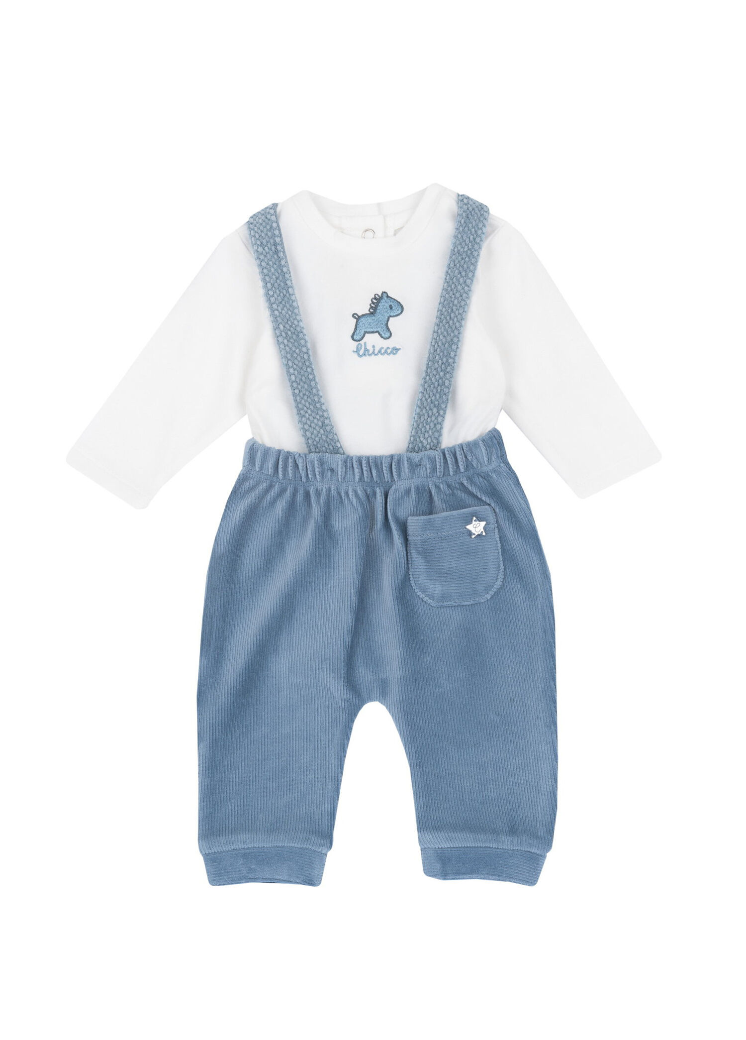 Beyaz Uzun Kollu Body ve Mavi Askılı Pantolon Erkek Bebek 2'li Set