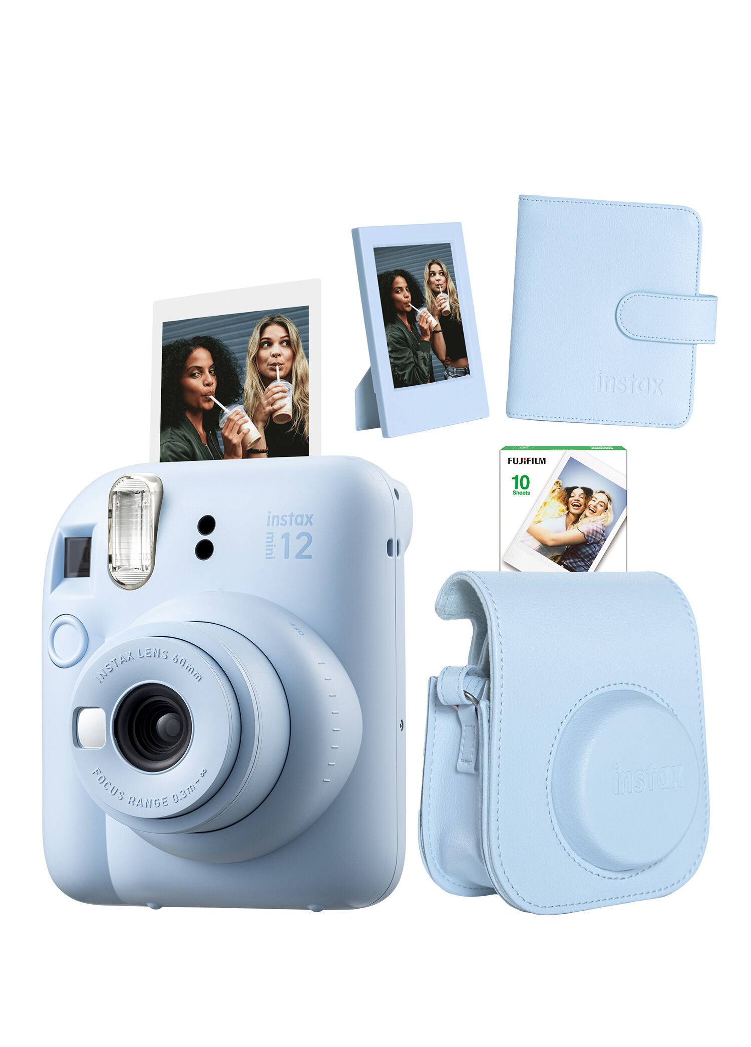 Instax Mini 12 Mavi Fotoğraf Makinesi + 10'lu Film Çerçeve Kare Albüm ve Deri Kılıf Seti