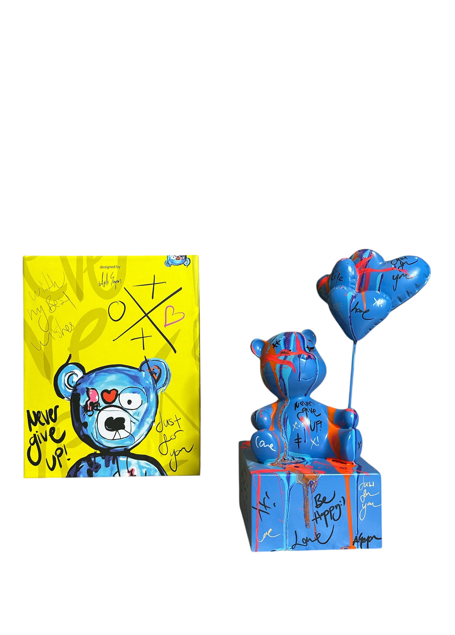 Oturan Balonlu Ayıcık Pop Art Mavi Dekoratif Heykel