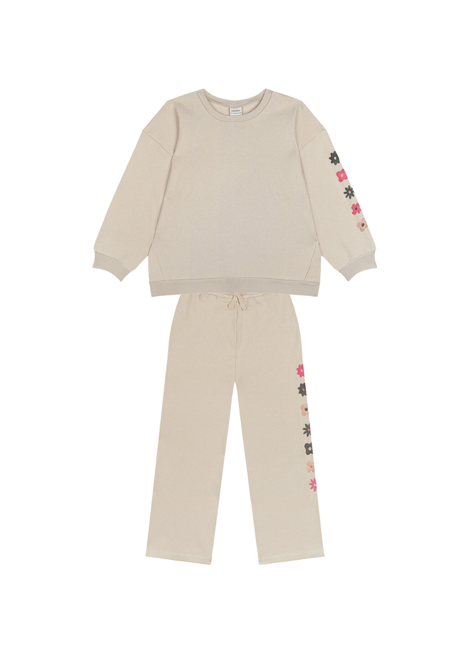 Krem Çiçek Desenli Sweatshirt Pantolon Kız Çocuk 2'li Set