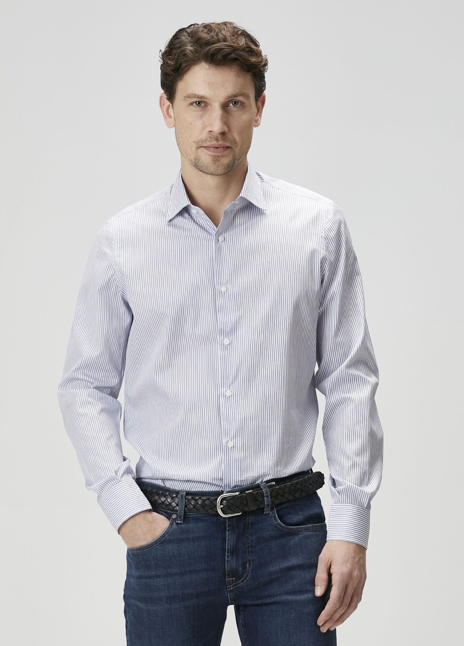 Navy Blue White Stripe Patterned Shirt