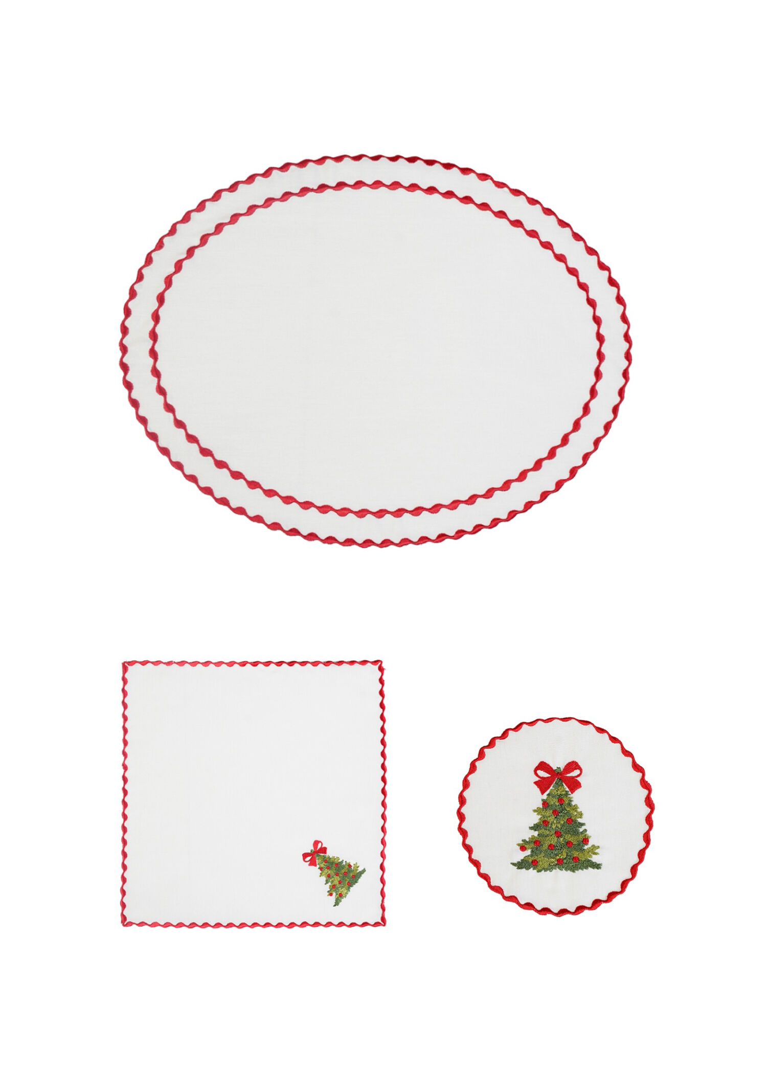 Holly Jolly Tree Kırmızı Keten Amerikan Servis Peçete ve Bardak Altlığı 3'lü Set