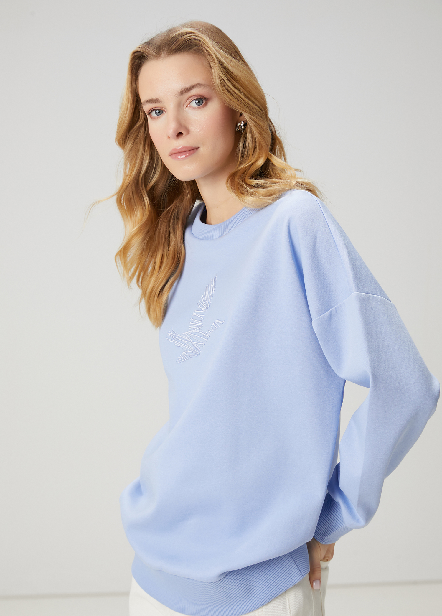 Oversize Blue Logo Embroidered Sweatshirt