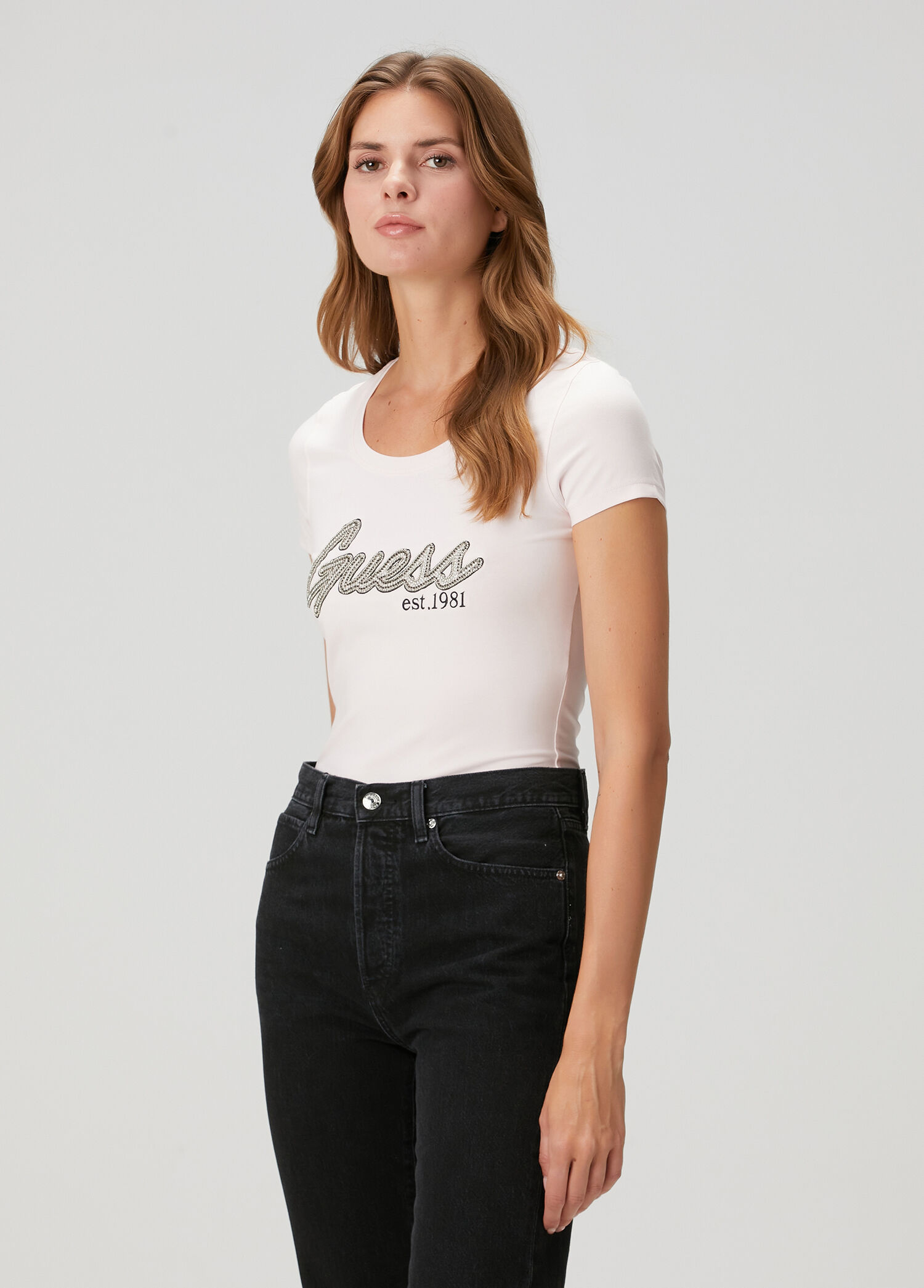 Pembe Taşlı Logo İşlemeli T-shirt
