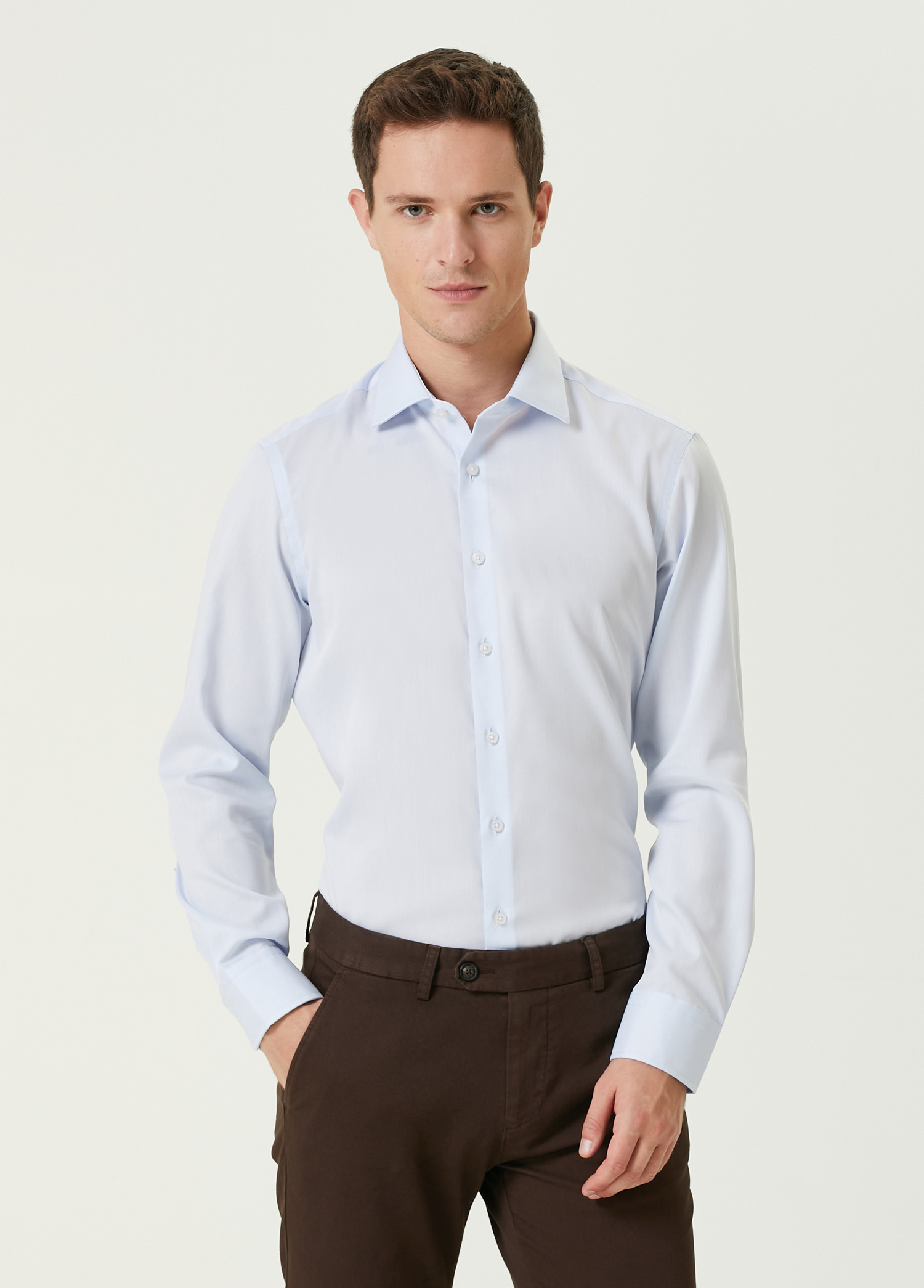 Slim Fit Mavi Klasik Yaka Non-iron Twill Gömlek