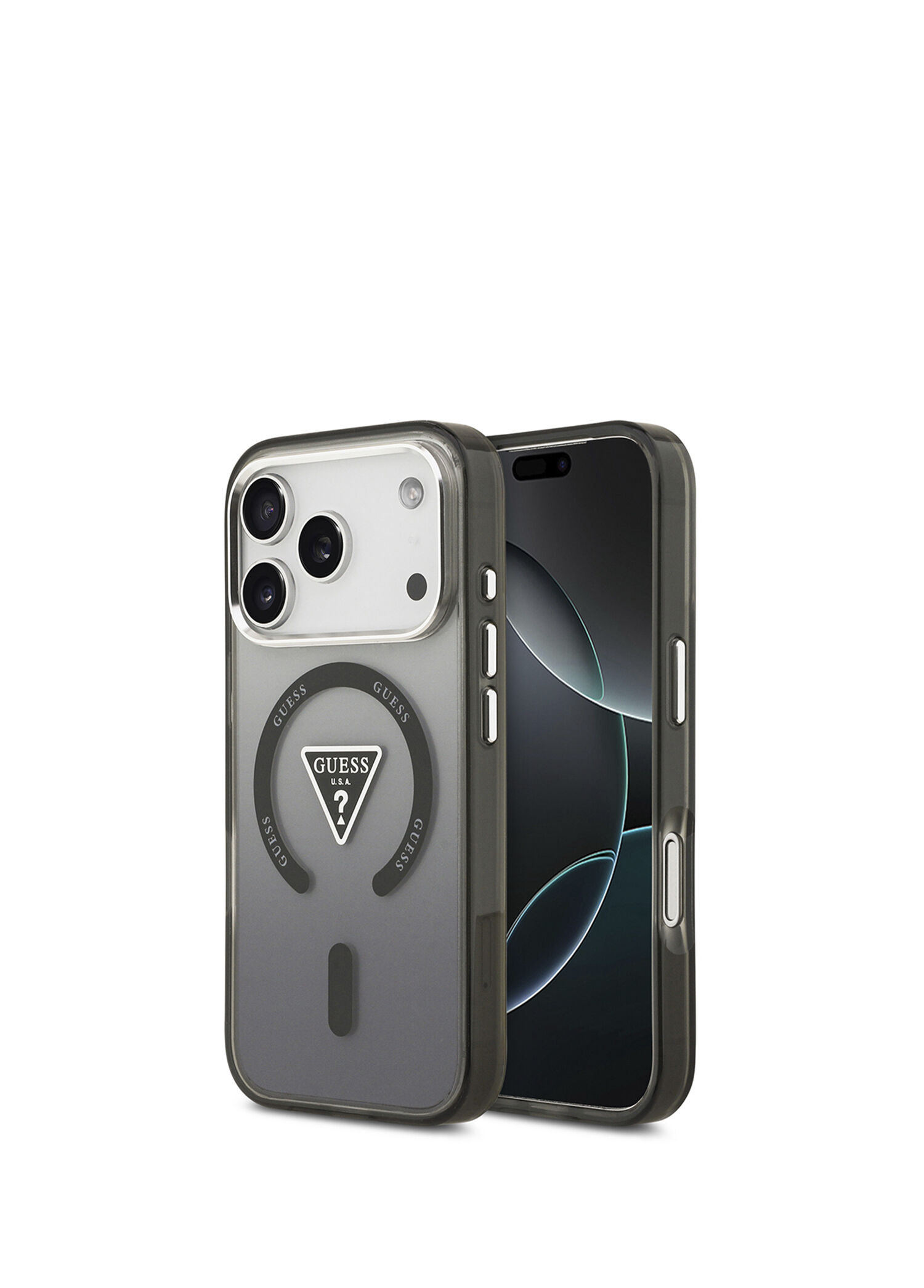 iPhone 17 Pro IML Baskılı Üçgen Logolu Metal Kamera Çerçeveli Siyah Magsafe Uyumlu Telefon Kılıfı