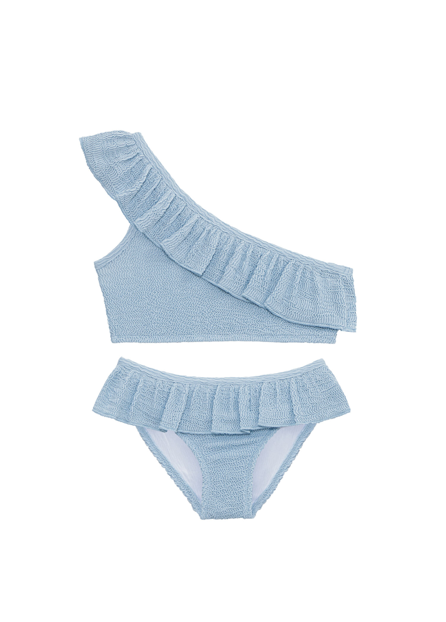 UV Korumalı Fırfırlı Dokulu Tek Omuz Kız Çocuk Bikini Takımı