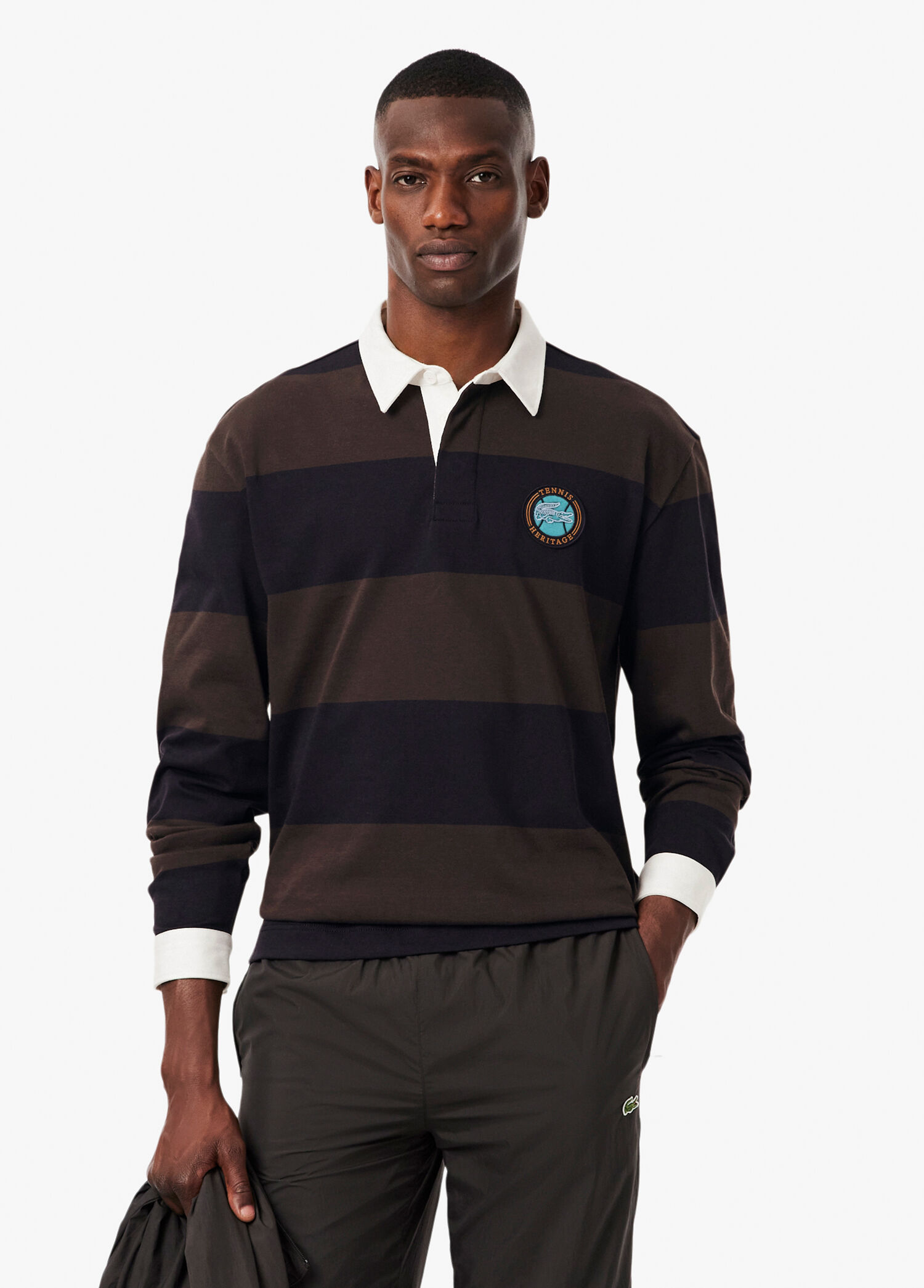 Lacoste Mavi-6IY Erkek Koyu Mavi Çizgili Rugby Polo Yaka Relaxed