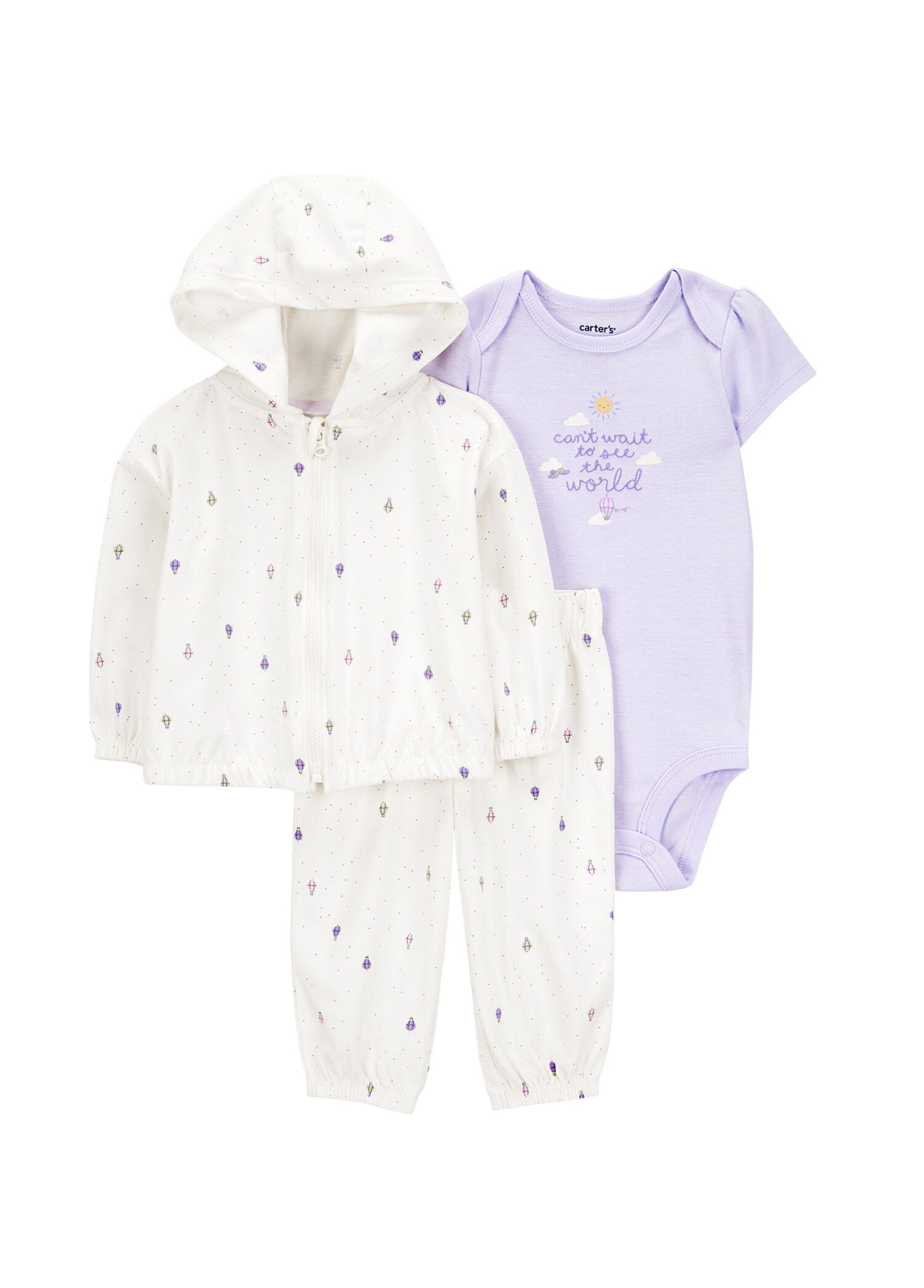 Ekru Hırka Pantolon ve Mor Çıtçıtlı Body Kız Bebek 3'lü Set