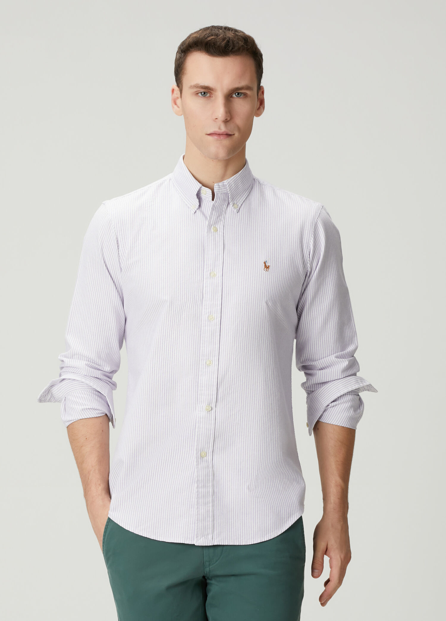Mor Çizgi Desenli Classic Oxford Gömlek