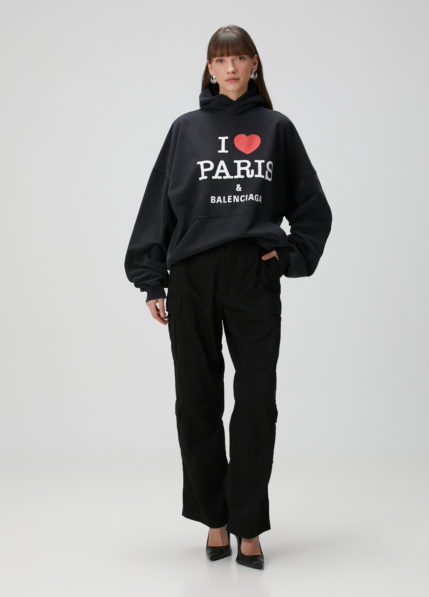 25SS new/BALENCIAGA I Love Parisパーカー Hoodie Black I Love Paris & Balenciaga Hoodie Large Fit in Black Faded